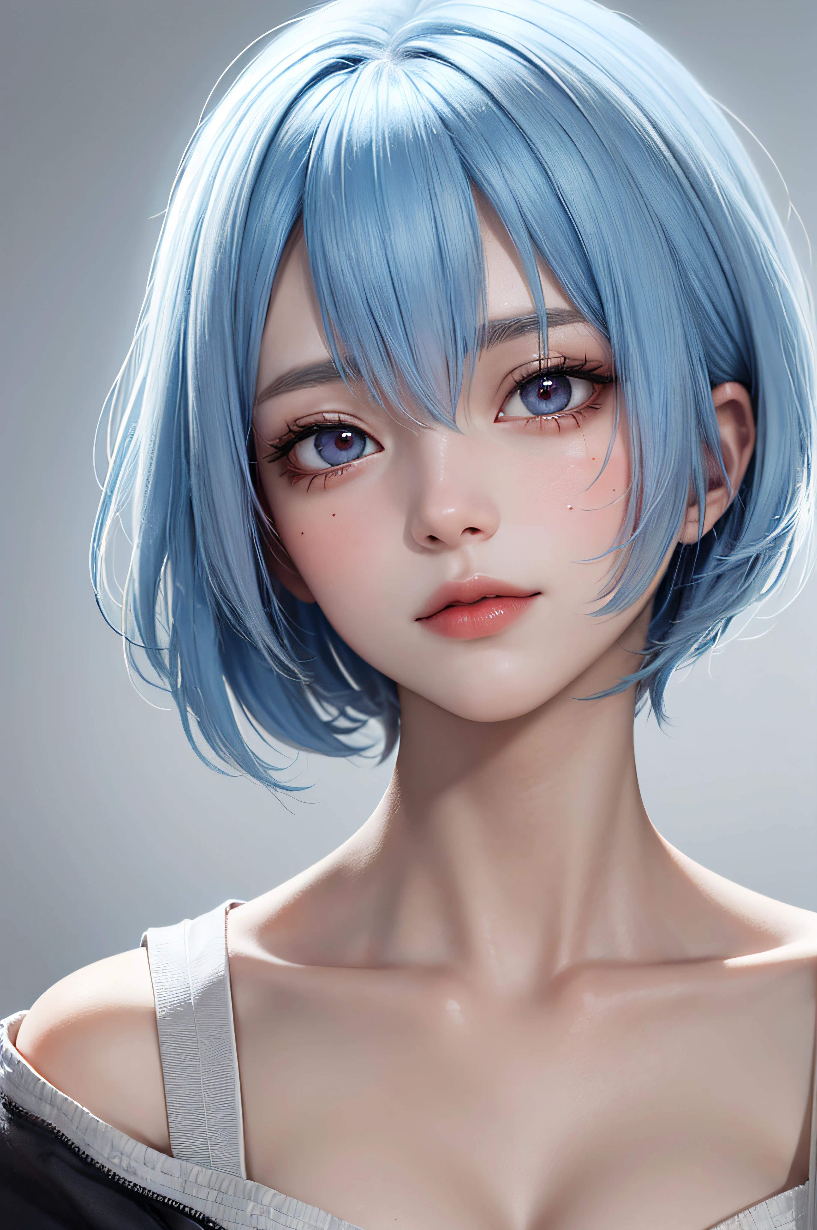 Masterpiece, Best Quality, 8K, Detailed Skin Texture, Detailed Cloth Texture, Beautiful Detail Face, Intricate Detail, Ultra Detailed, Portrait of Rei Ayanami, Blue Hair, Red Eyes, Head Tilt, No Background