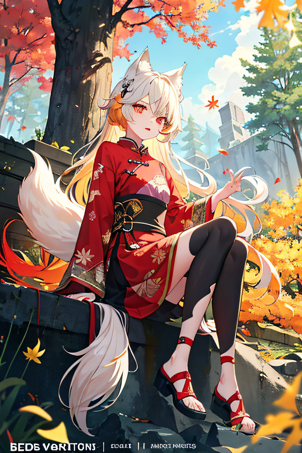 englai wonderland, chinese mythology, colorful auspicious clouds, autumn leaves, falling leaves, holding_leaf, leaves, leaf background, leaf hair ornaments, maple leaf, aki_shizuha, leaf print, starfish, angry vein, ginkgo biloba leaf, overhead leaf, angry vein, tree, waterfall, sweet potato, dragonfly, acorn, solo, braid, blurred foreground, 1girl, daytime, painting, depth of field, blurry, long hair, branches, hair decoration, leaves in the wind, forest, outdoors, nature, campfire, shirt, look_ at_viewer, hot springs, koi, sitting, masterpiece, best quality, (best quality), (masterpiece), (highres), original, extremely detailed 8K wallpaper, (extremely delicate and beautiful), (detailed face), beautiful detailed eyes, hair fluttering in the wind, messy hair, lens halo, 1 girl, full body, (golden eye), (red eye), (wolf ear), (yellow hair), (wolf tail), (wolf ear), (cute girl: 1.1), (wolf ears), pretty detailed eyes, orange hair, very long hair, small breasts, (looking at the audience), fashion, woman, vibrant, clothing, posing, front, colorful, dynamic, background, element, confident, expressive, holding, statement, accessories, majestic, coiled, around, touch, scene, text, , bold, eye-catching, title, fashion, font, catchy, title, bigger, eye-catching, modern, stylish, focused, stylish,