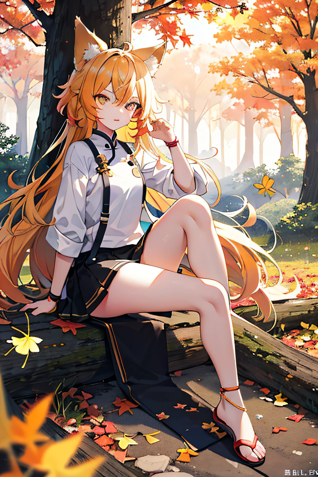 englai wonderland, chinese mythology, colorful auspicious clouds, autumn leaves, falling leaves, holding_leaf, leaves, leaf background, leaf hair ornaments, maple leaf, aki_shizuha, leaf print, starfish, angry vein, ginkgo biloba leaf, overhead leaf, angry vein, tree, waterfall, sweet potato, dragonfly, acorn, solo, braid, blurred foreground, 1girl, daytime, painting, depth of field, blurry, long hair, branches, hair decoration, leaves in the wind, forest, outdoors, nature, campfire, shirt, look_ at_viewer, hot springs, koi, sitting, masterpiece, best quality, (best quality), (masterpiece), (highres), original, extremely detailed 8K wallpaper, (extremely delicate and beautiful), (detailed face), beautiful detailed eyes, hair fluttering in the wind, messy hair, lens halo, 1 girl, full body, (golden eye), (red eye), (wolf ear), (yellow hair), (wolf tail), (wolf ear), (cute girl: 1.1), (wolf ears), pretty detailed eyes, orange hair, very long hair, small breasts, (looking at the audience), fashion, woman, vibrant, clothing, posing, front, colorful, dynamic, background, element, confident, expressive, holding, statement, accessories, majestic, coiled, around, touch, scene, text, , bold, eye-catching, title, fashion, font, catchy, title, bigger, eye-catching, modern, stylish, focused, stylish,