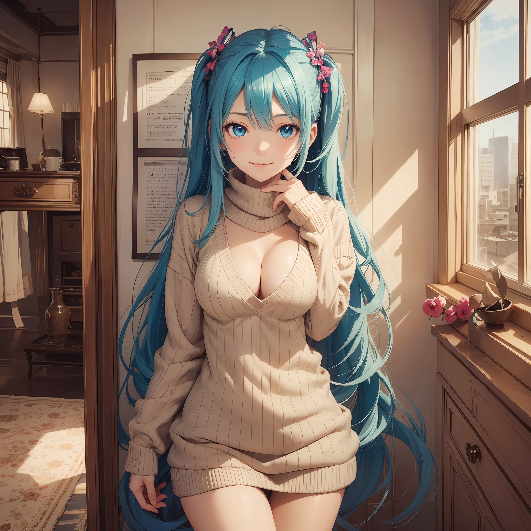 (1 girl), (Solo: 2.0), photorealistic, super detailed illustration, beautiful charming anime girl, super detail, smile, beautiful blue eyes, beautiful proportions, Hatsune Miku, slender, gentle expression, seductive anime girl, full body, beige sweater with muffled cleavage visible, indoors,