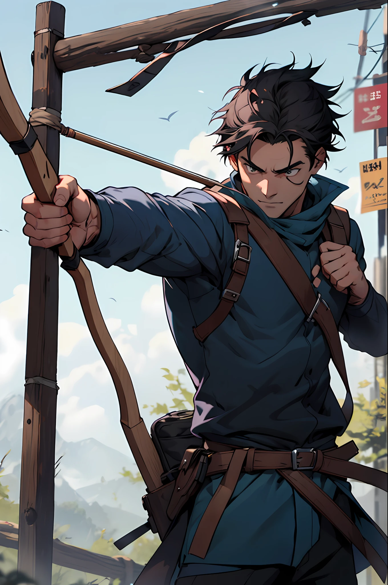 Draw a mysterious rogue aiming his bow towards the screen,d&d,rpg