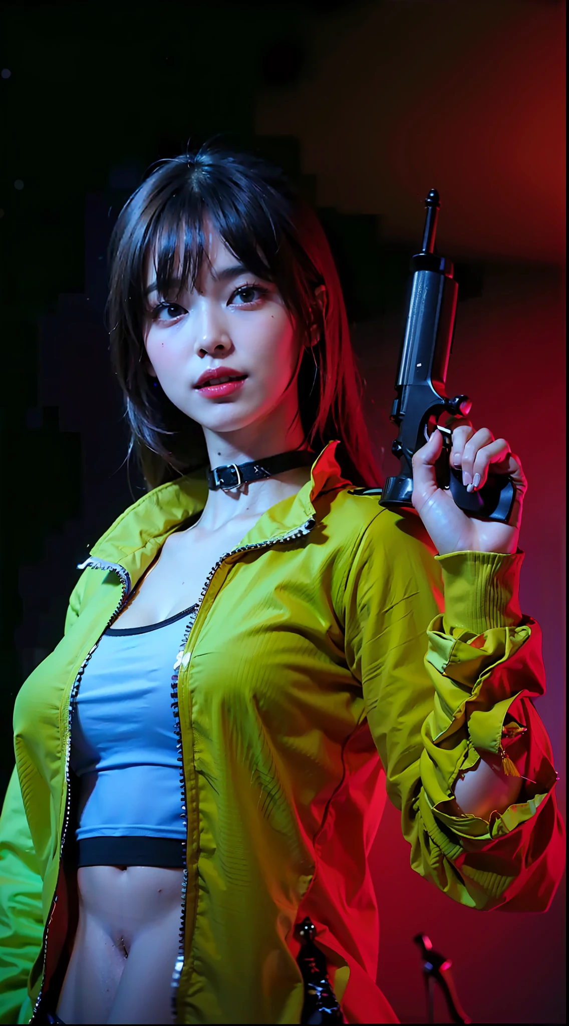 (8k, RAW photo, best quality, masterpiece: 1.2), (realistic, photorealistic: 1.37), 1 girl, Japan, 40s,, cityscape, night, professional lighting, photon mapping, radiosity, ripped, big, bright red see-through and very small bra, tip sticking out, areola protruding, pubic shape clearly visible, gal , Lots of lashes, lame eyelids, bright red lips, black heels, pubic hair, bristles on the lower abdomen, slender, crotch open, are big and seem to spill out of the bra,smile