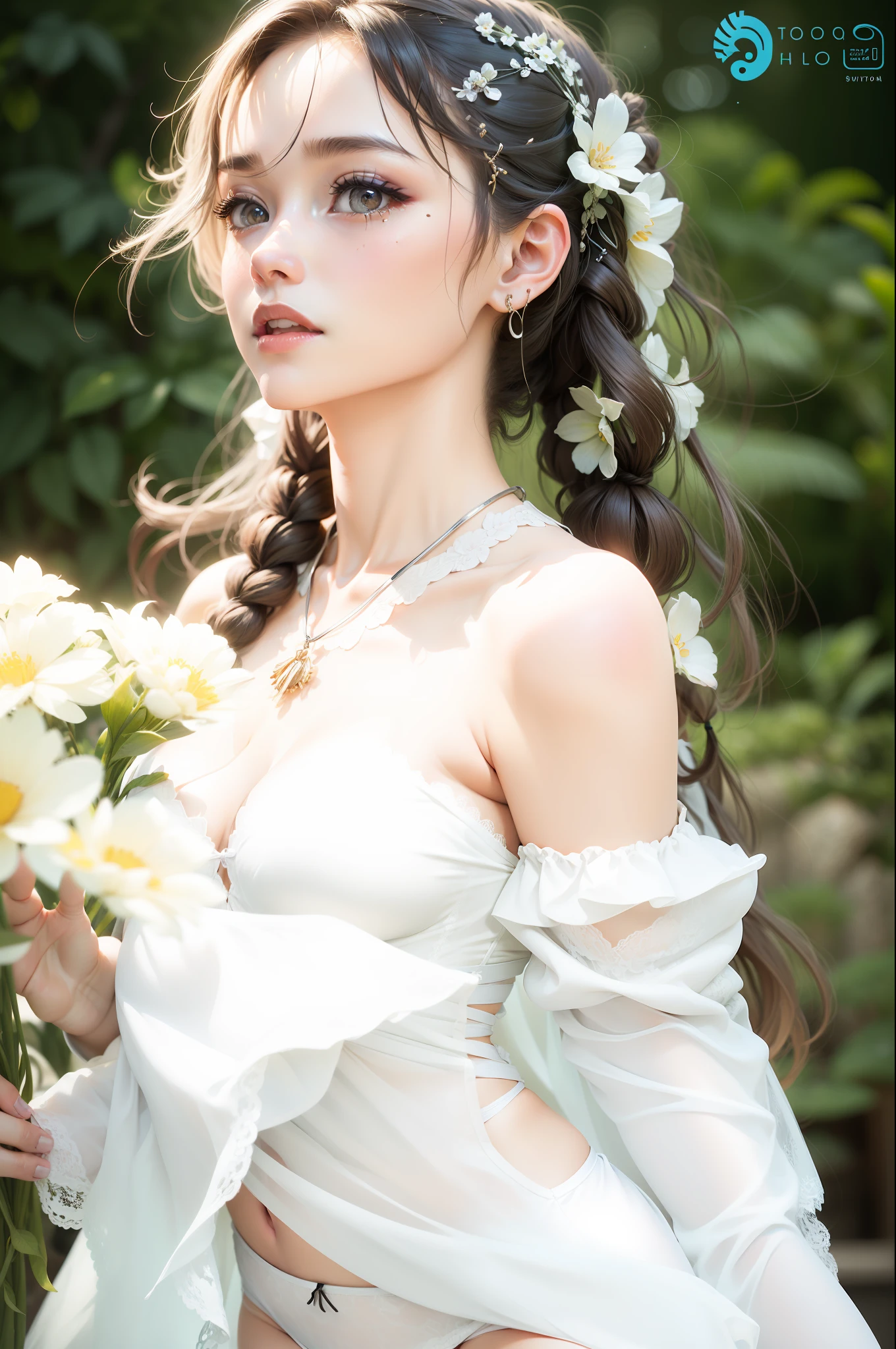 (bestquality、A masterpie:1.2)、Ultra High Res、lifelike、Front lighting、with intricate details、Exquisite details and textures、1girl、solo、(young)、Facial Highlights、fulllllbody、Detailed face、Teardrop mole、White Skin、Silver hair、ponytails、Braid hair、Watch your audience、s big eyes、Silk robes、(Hollow pattern、WHITE、silk)、ear ring、tiny breasts、Slim body、Luxurious room、professional Lighting、Photon mapping、 Radiosity、physically based rendering、(((pull up skirt、White lace panties visible))