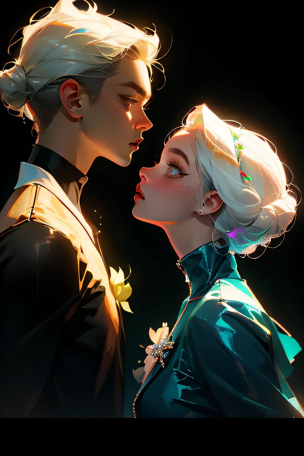 Highest quality, perfect masterpiece, perfect artwork, 8K, (upper body portrait: 1.5), (((Side view: 1.2))), close-up, delicate face, white hair girl, (white hair: 1.3), medium and short hair, (black background: 1.3), pearl illusion, cyberpunk, fashion trends, 3s materials, HD, detail performance, c4d, 3D, octane rendering, ray tracing, complex details, animated lighting, OC renderer, 8k, look directly at the audience
