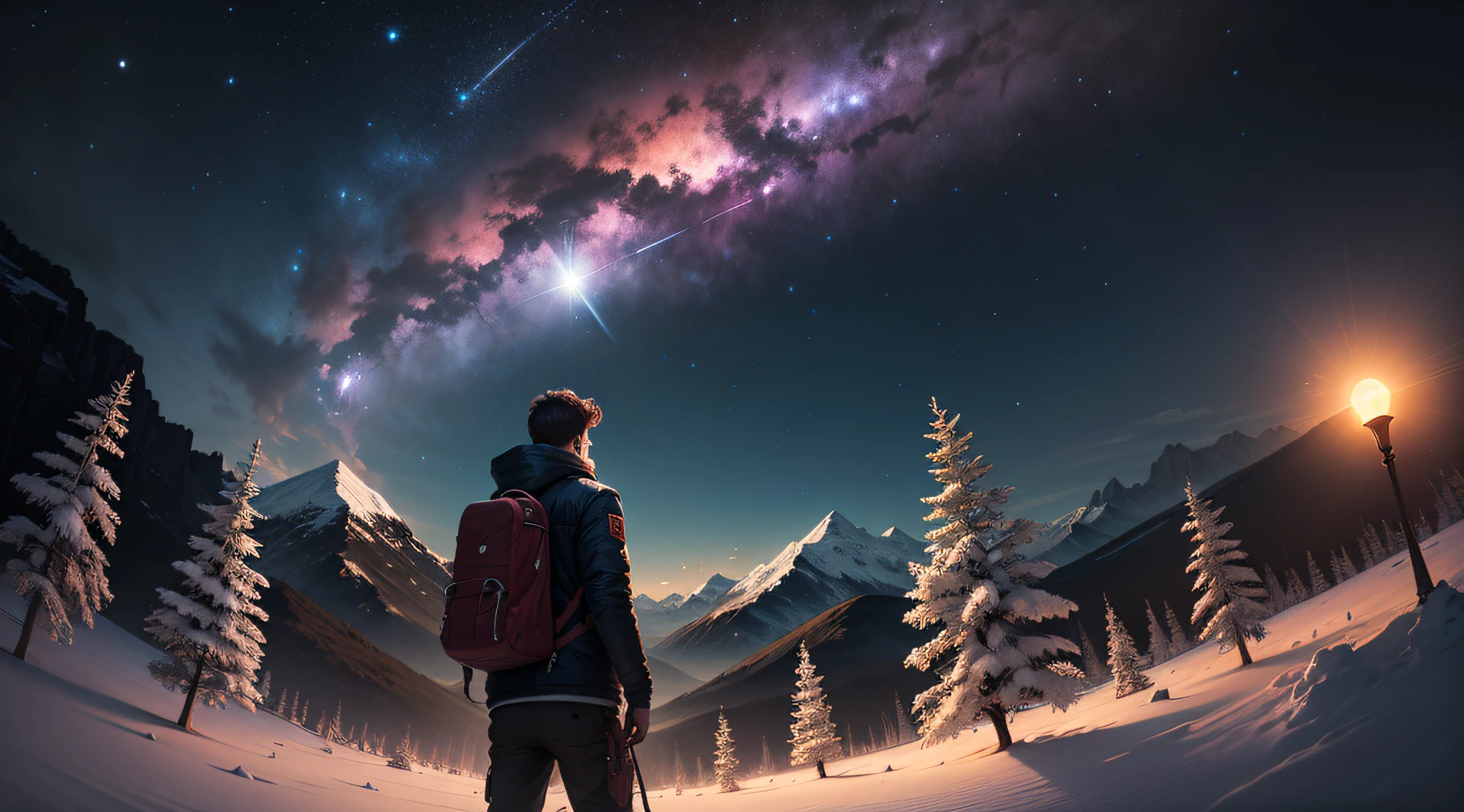 Vast landscape photos, (from below, the sky above, majestic snow-capped mountains below), a young man standing on a flower field looking up, (Full Moon: 1.2), (Meteor: 0.9), (Nebula: 1.3), Distant Mountains, Trees BREAK Making Art, (Cold Light Source: 1.2), (Firefly: 1.2), Lamps, Lots of Purple and Orange, Intricate Details, Volumetric Lighting BREAK (Masterpiece: 1.2), (Best Quality), 4K, Ultra Detailed, (Dynamic Composition: 1.4), Detailed, Colorful, (Pale: 1.2), (Glow, Atmospheric Lighting), Dreamy, Magical, (Solo: 1.2) --auto