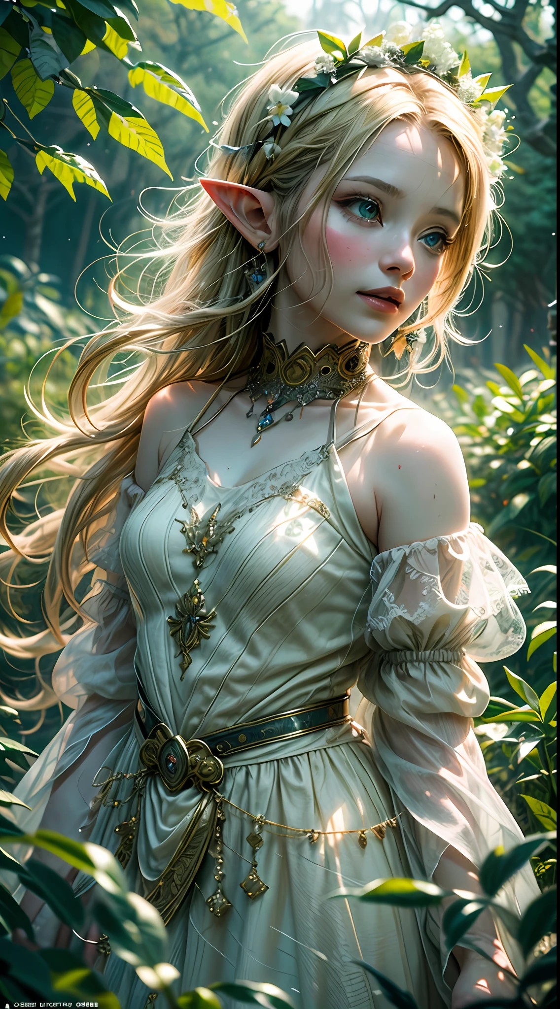 (elf blond child:1.2), long and cascading blond hair, captivating bright green eyes, standing in a highly vibrant and colorful garden, adorned in a flowing white dress, a delicate flower crown gracing her head, her smile exudes a gentle and subtle charm, the photograph captures intricate details, bringing the scene to life with a realistic portrayal, a symphony of blooming flowers in a harmonious tapestry, lush greenery, rays of sunlight casting a magical glow, a serene and enchanting atmosphere, the child's presence adding a touch of innocence and harmony to the surroundings.Cinematic, Hyper-detailed, insane details, Beautifully color graded, Unreal Engine, DOF, Super-Resolution, Megapixel, Cinematic Lightning, Anti-Aliasing, FKAA, TXAA, RTX, SSAO, Post Processing, Post Production, Tone Mapping, CGI, VFX, SFX, Insanely detailed and intricate, Hyper maximalist, Hyper realistic, Volumetric, Photorealistic, ultra photoreal, ultra-detailed, intricate details, 8K, Super detailed, Full color, Volumetric lightning, HDR, Realistic, Unreal Engine, 16K, Sharp focus, octane render --v testp