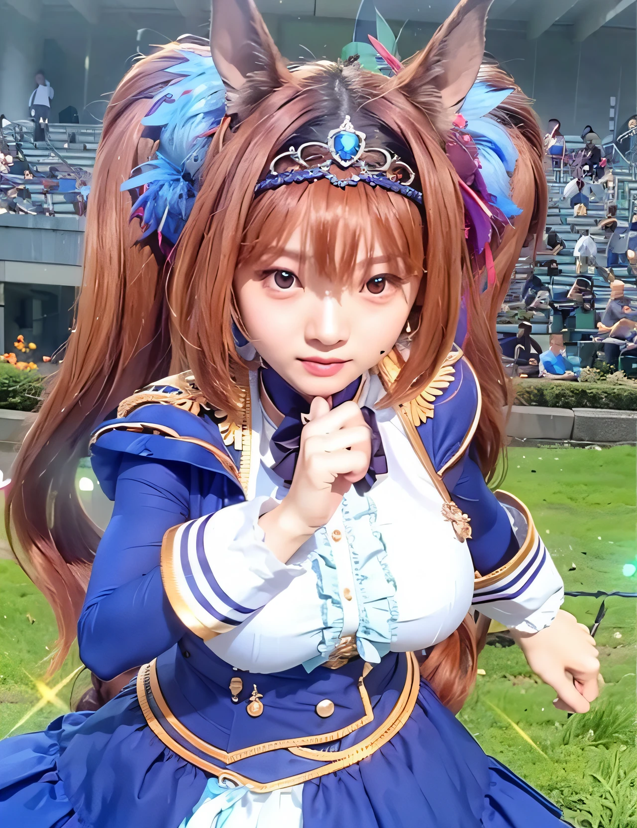 (8k, RAW Photo, Best Quality, Masterpiece: 1.2), (Realistic, Photorealistic: 1.37), Sharp: 1.2, Perfect Body: 1.4, Slim Abs: 1.2, ((Layered Hairstyles, Big: 1.2)), Wet: 1.5, Fine Face and Skin Texture, Fine Eyes, Live Action Animation, Ultra-Detailed, Top Quality, Ultra-High Resolution, Professional Lighting, Photon Mapping, Radiosity, Physically Based Rendering, Cinematic Lighting, Depth of Field, Focus, Sunlight Good composition, (blur: 1. 2 ), one girl, (full body), (closed mouth), beautiful eyes, pose, narrow, (as beautiful as a Japanese actress), perfect anatomy, (Uma Musume), horse ears on head, brown hair, twin tails, red eyes, silver tiara and blue jewel, running woman