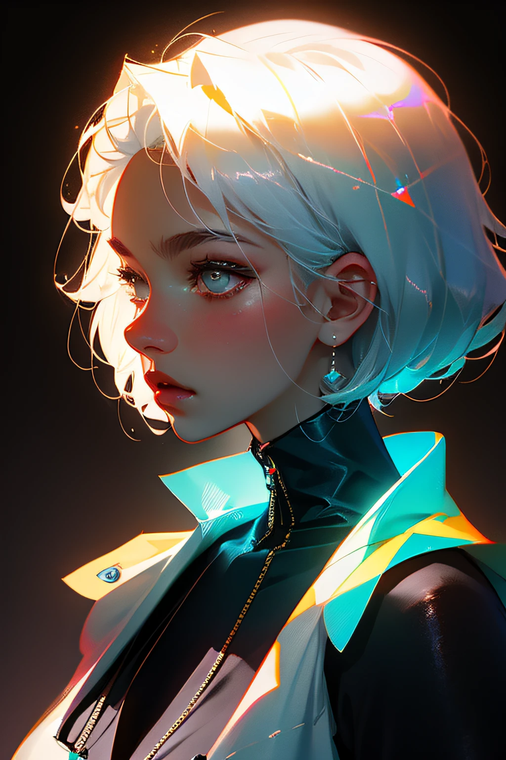 Highest quality, perfect masterpiece, perfect artwork, 8K, (upper body portrait: 1.5), (((Side view: 1.2))), close-up, delicate face, white hair girl, (white hair: 1.3), medium and short hair, (black background: 1.3), pearl illusion, cyberpunk, fashion trends, 3s materials, HD, detail performance, c4d, 3D, octane rendering, ray tracing, complex details, animated lighting, OC renderer, 8k, look directly at the audience