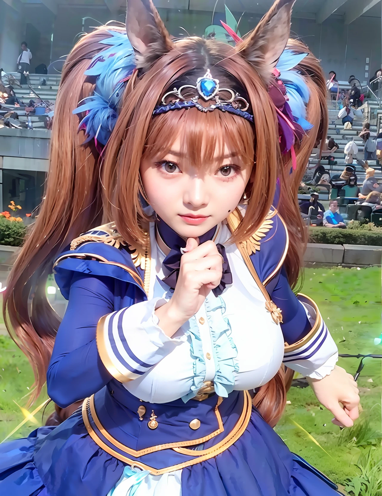 (8k, RAW Photo, Best Quality, Masterpiece: 1.2), (Realistic, Photorealistic: 1.37), Sharp: 1.2, Perfect Body: 1.4, Slim Abs: 1.2, ((Layered Hairstyles, Big: 1.2)), Wet: 1.5, Fine Face and Skin Texture, Fine Eyes, Live Action Animation, Ultra-Detailed, Top Quality, Ultra-High Resolution, Professional Lighting, Photon Mapping, Radiosity, Physically Based Rendering, Cinematic Lighting, Depth of Field, Focus, Sunlight Good composition, (blur: 1. 2 ), one girl, (full body), (closed mouth), beautiful eyes, pose, narrow, (as beautiful as a Japanese actress), perfect anatomy, (Uma Musume), horse ears on head, brown hair, twin tails, red eyes, silver tiara and blue jewel, running woman