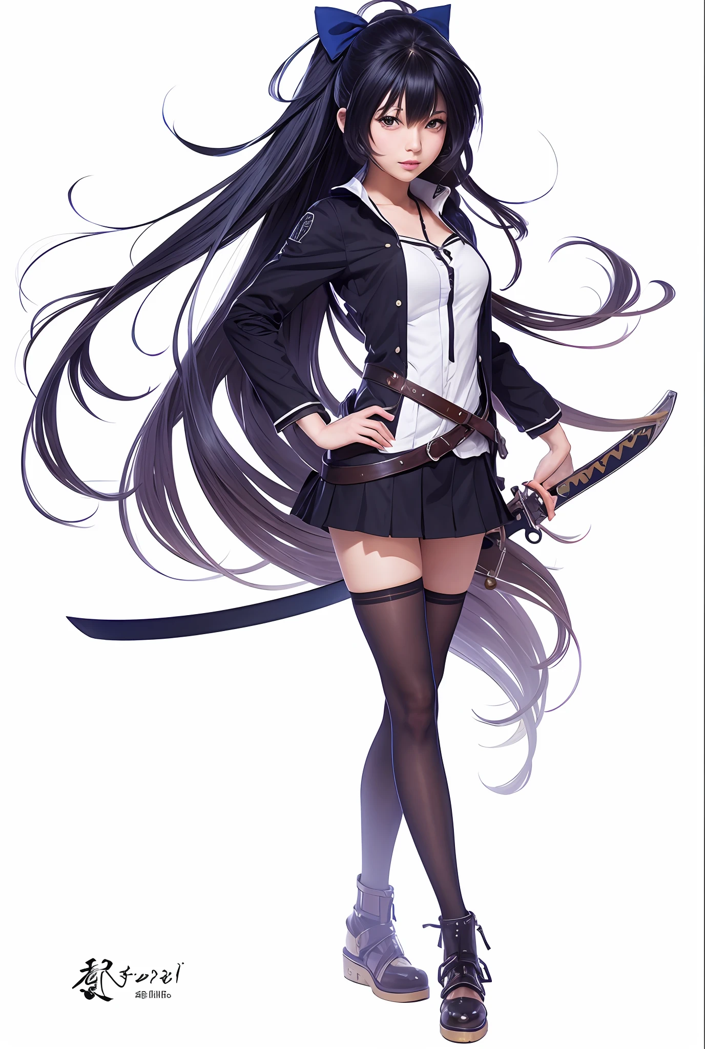 ((Realistic: 1.2, photo style, delicate face, best quality, super detailed)) Anime girl with long black hair and sword in hand, official character art, by Kanamoto Village, anime full body illustration, Azure Alley style, characters from Azure Alley, anime moe art style, from ark night, from Girl Frontline, Kusart Krenz key art feminization, female action anime girl, anime girl long hair, zero zen art