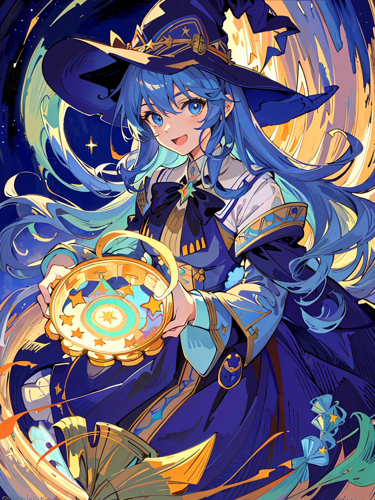 ((masterpiece:1.2, best quality)), 1girl, solo, (witch hat), a close up of a girl with curly hair, dress, aurora, night, star (sky), gloves, sky, dress, night sky, open mouth, starry sky, light blue eyes, ribbons, smile, cape, blue hair, magic, casting spell, night, (impressionism:1.4), alphonse mucha, Halloween colors, colorful candy, casting a spell, magical lights