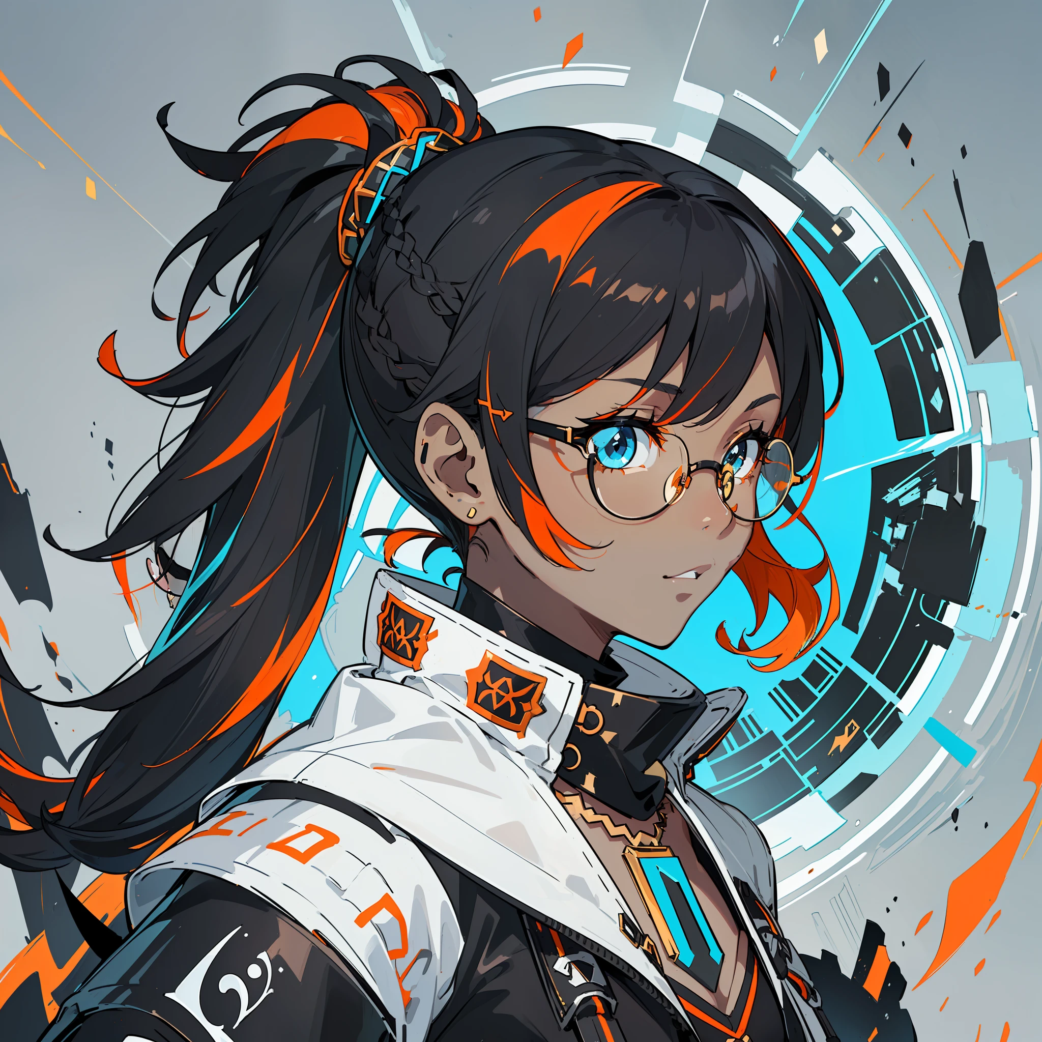 (((Profile Pic))), (((Flat Chest))) Female, (((Dark Skin)))), (((Black and Orange Hair with Ponytail)))), Light Blue Eyes, Round Glasses with Dark Lens, White Scarf ((((Black Metallic Gauntlets))))), (((Clothes Have a Mix of Modern and Tribal))))), Clothes Are Mostly Black in Color, But with Orange Parts, Shoulders on Display