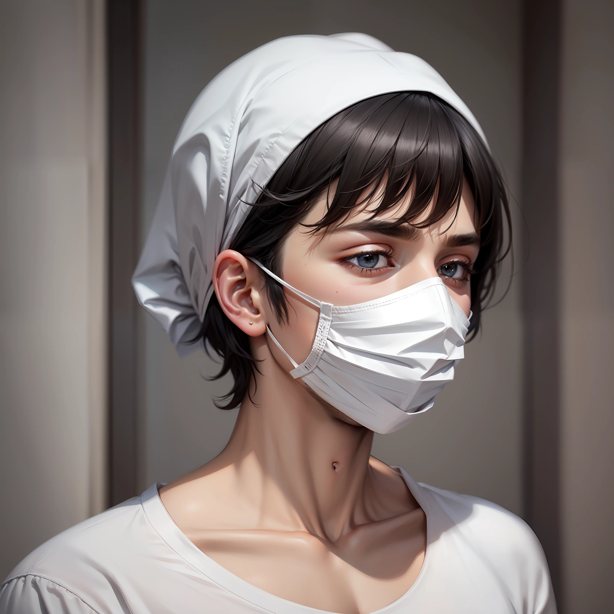 A man, short hair, black hair, white skin, gray shirt, white mask