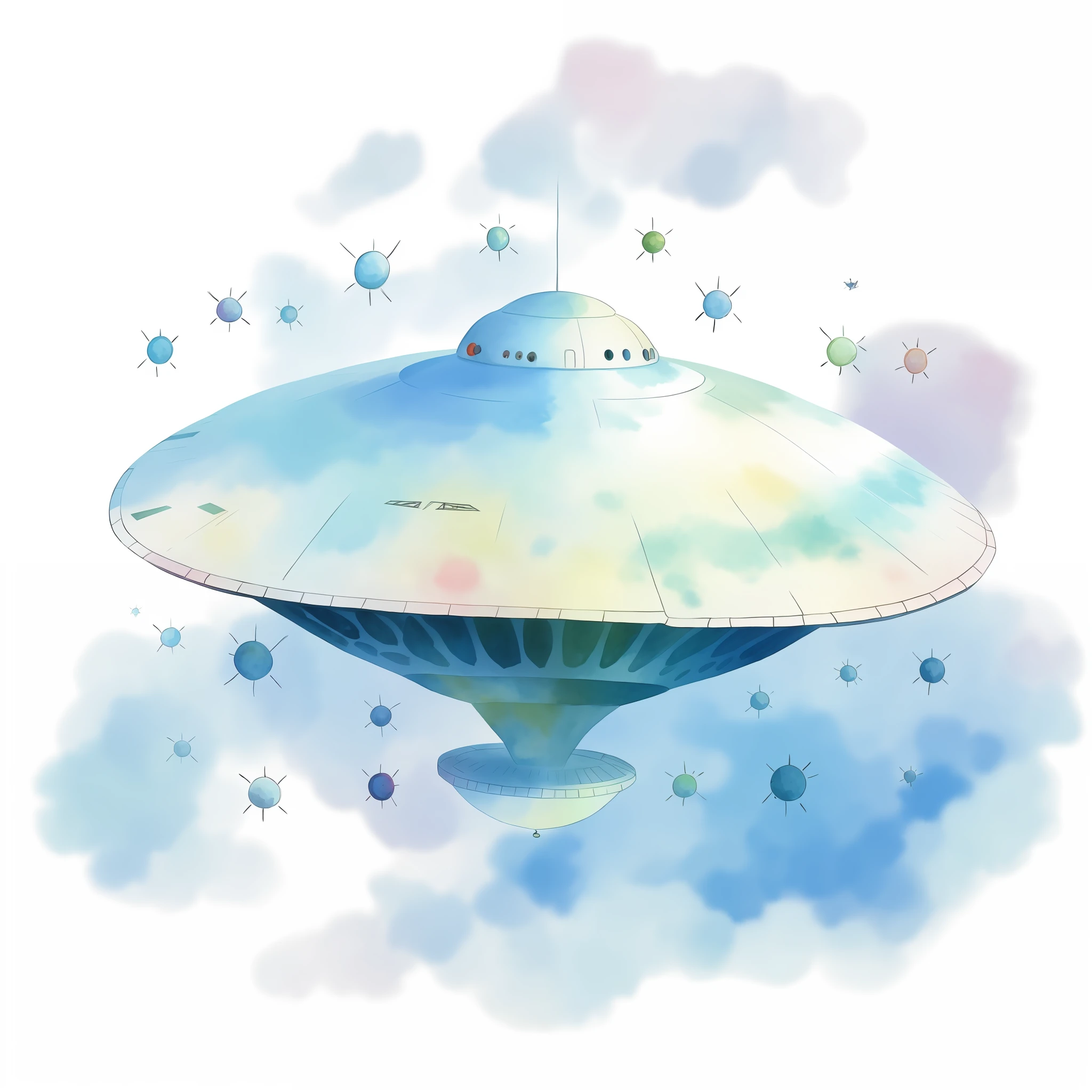 a beautiful hand-painted UFO in watercolor, children's book illustration style, best quality, detailed, white background