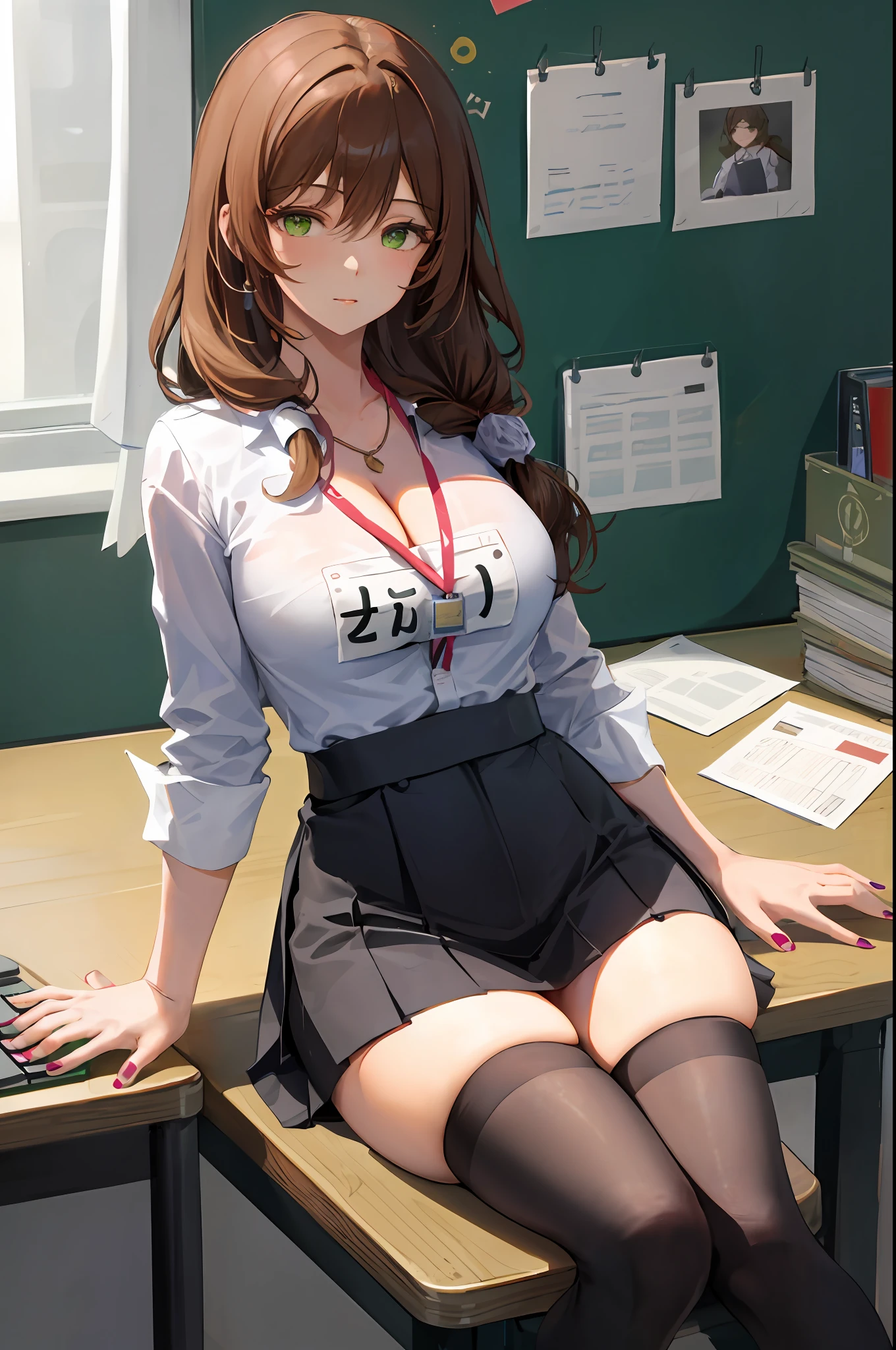Lisa, genshin impact, 1girl, solo, ((white shirt)), black thighhighs, breasts, cleavage, uniform, office background, black skirt, pleated skirt, office, hair between eyes, messy hair, large breasts, long hair, looking at viewer, brown hair, red short nails, green eyes, solo, thighhighs, thighs, very long hair, ((masterpiece)), sitting, chair, desk, computer on desk, name tag, id tag, indoor,