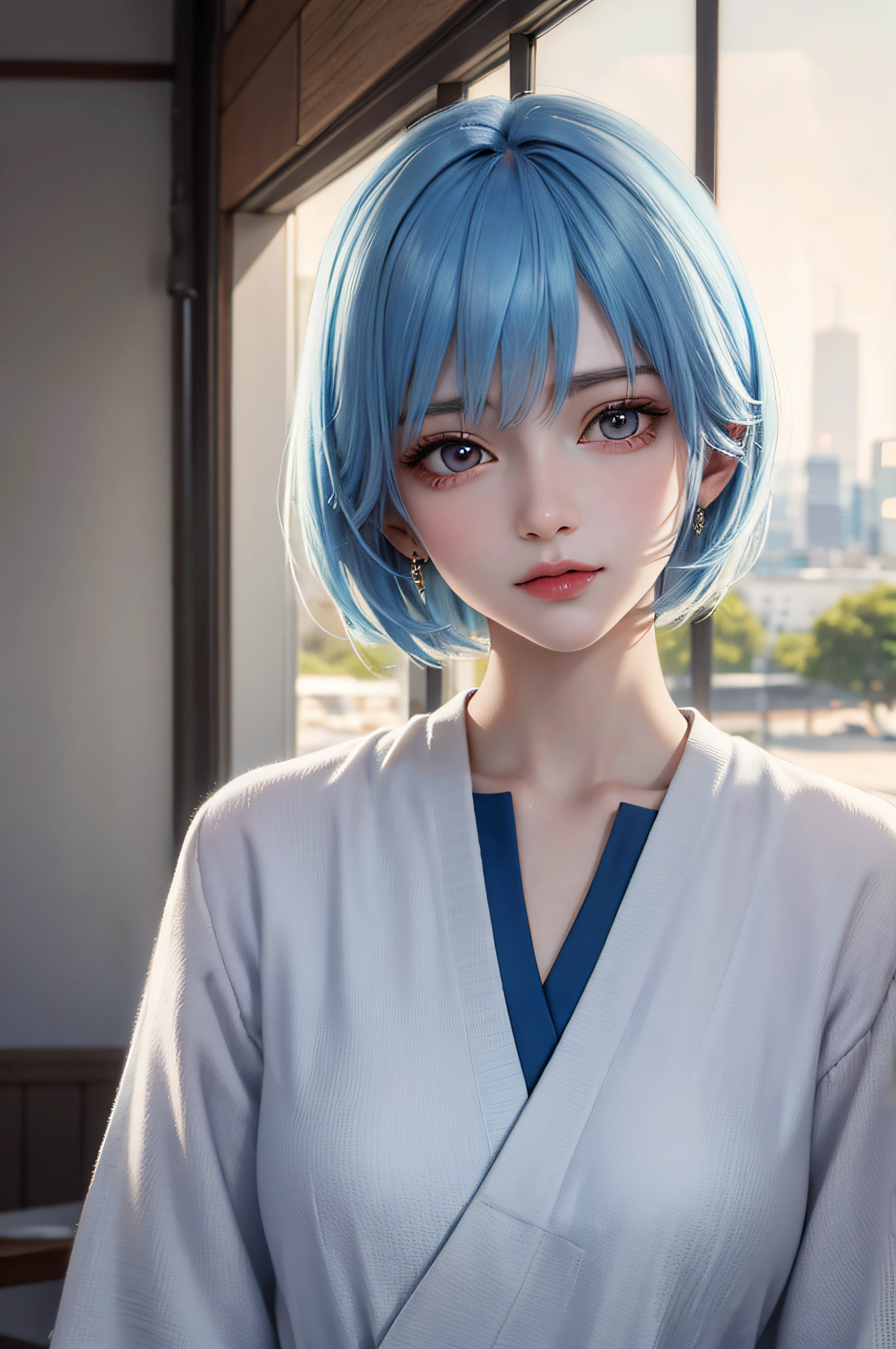 Masterpiece, Best Quality, 8K, Detailed Skin Texture, Detailed Cloth Texture, Beautiful Detail Face, Intricate Detail, Ultra Detailed, Portrait of Rei Ayanami, Blue Hair, Red Eyes, Head Tilt, No Background