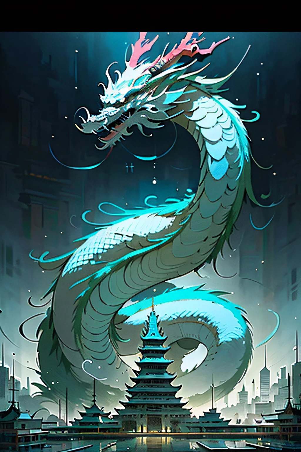 (masterpiece, best_quality, ultra-detailed, immaculate:1.3), epic, illustration, (long:1.2), eastern dragon, "the Dystopian Temple, Luminescent"