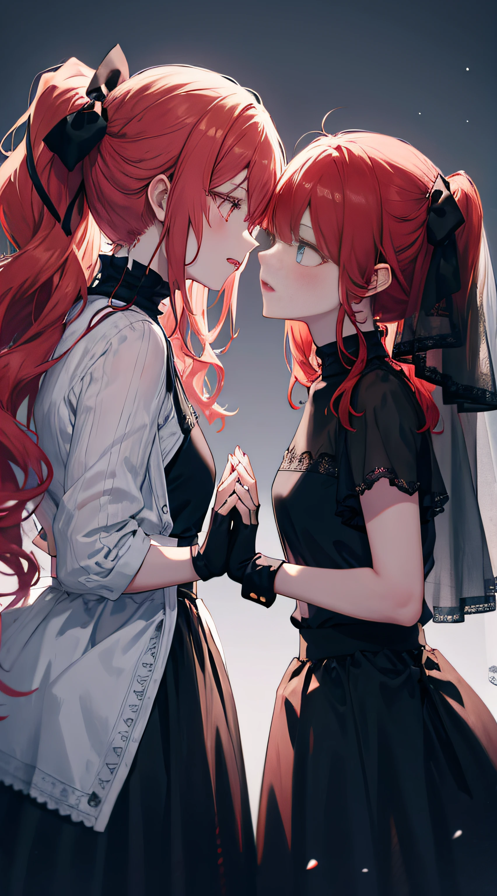 Multiple girls, 2 girls, Yuri, fingerless gloves,
 Red hair, black veil, long skirt, black skirt, high ponytail, coiled hair, looking at each other