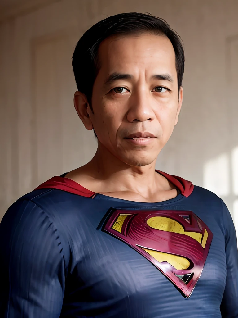 4k, Best quality, masterpiece, ultra high res, beautiful lighting, (realistic, photo-realistic:1.4), realistic background,
 jokowi, 
1man, 50 years old, superman, open_mask,