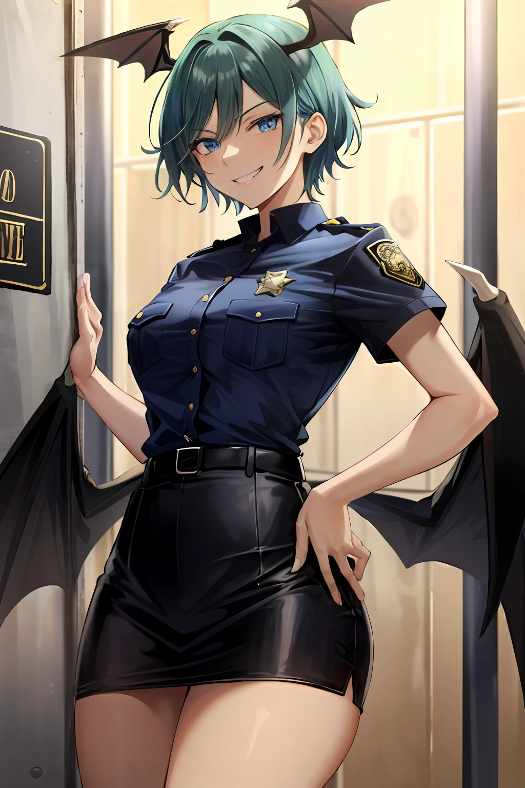 masterpiece, best quality, hi-res, solo, standing, adult woman, light blue clothes, police uniform, black hair, bat wings, short hair, blue eyes, evil smile, evil smile, miniskirt, police uniform, jail, jail