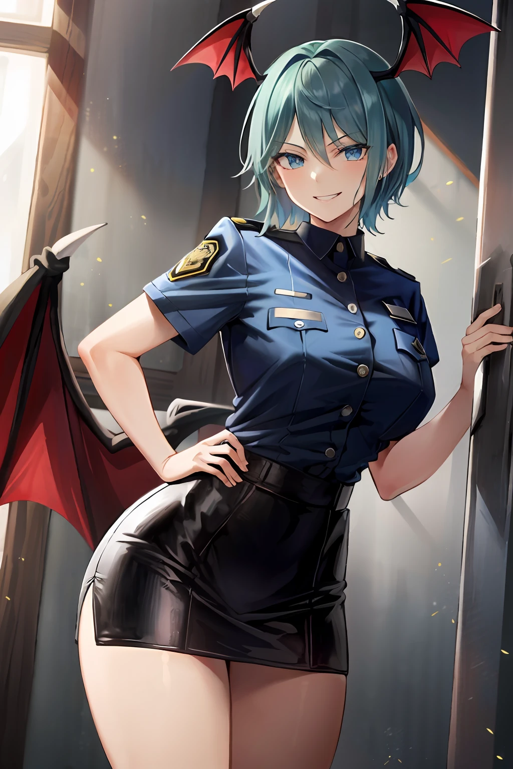 masterpiece, best quality, hi-res, solo, standing, adult woman, light blue clothes, police uniform, black hair, bat wings, short hair, blue eyes, evil smile, evil smile, miniskirt, police uniform, jail, jail