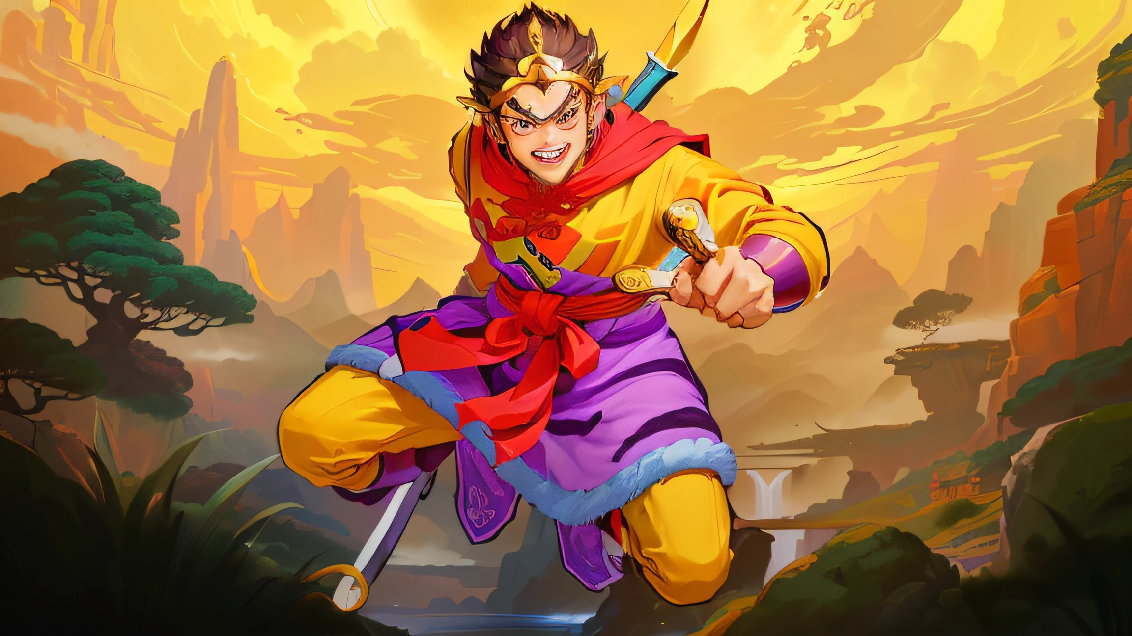 Cartoon illustration of a man holding a sword in yellow and purple clothes, Sun Wukong, Sun Wukong, Wukong, Journey to the West, Fist Monk, Man, Akira in Chinese mythology, Journey to the West. Pop Art, Asuras in Chinese Mythology, Legendary Gods Holding Spears, Official Art, Dragon Quest,