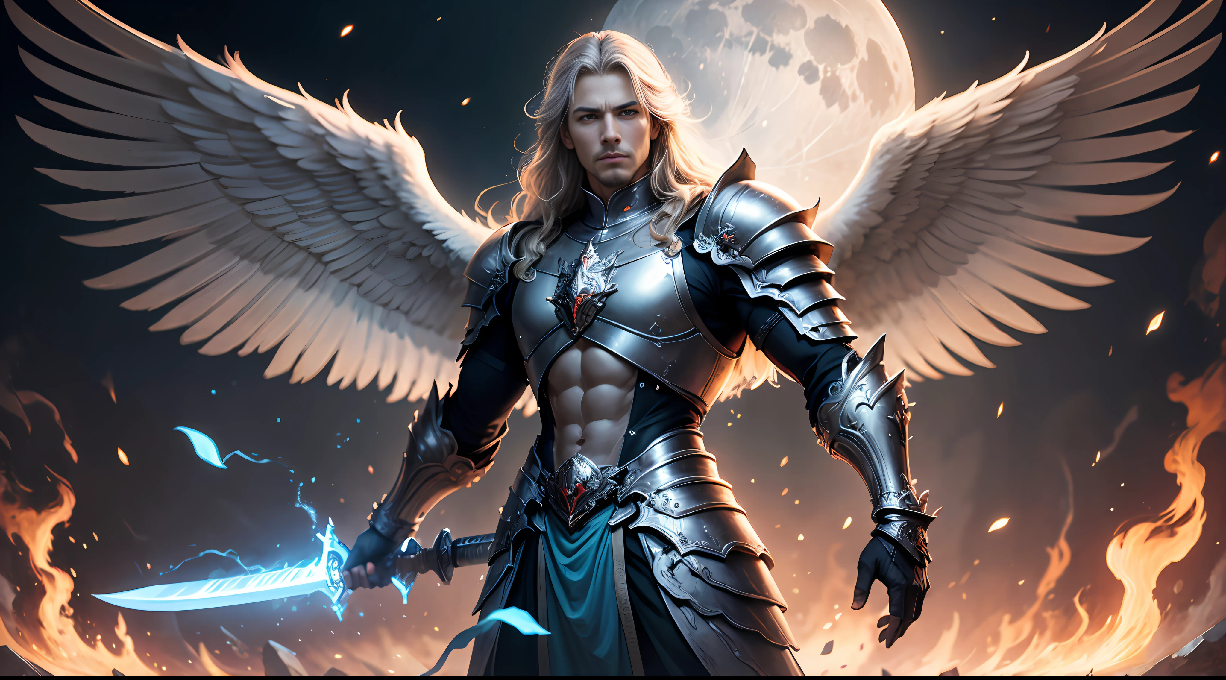 A mature man like Mighty Archangel Michael, with a muscular constitution and long hair, is in battle armor, flaming blue sword of golden pearls, a flaming sacred aura radiating from his body, extremely detailed white wings, moon background, surreal, fantasy, magical, intricate details, dramatic angle, (dynamic upper body posture: 1.1), dramatic lighting, depth of field. Best quality, masterpiece, ultra high resolution, (anime realism, photorealistic: 1.4), perfect composition, centered, symmetry