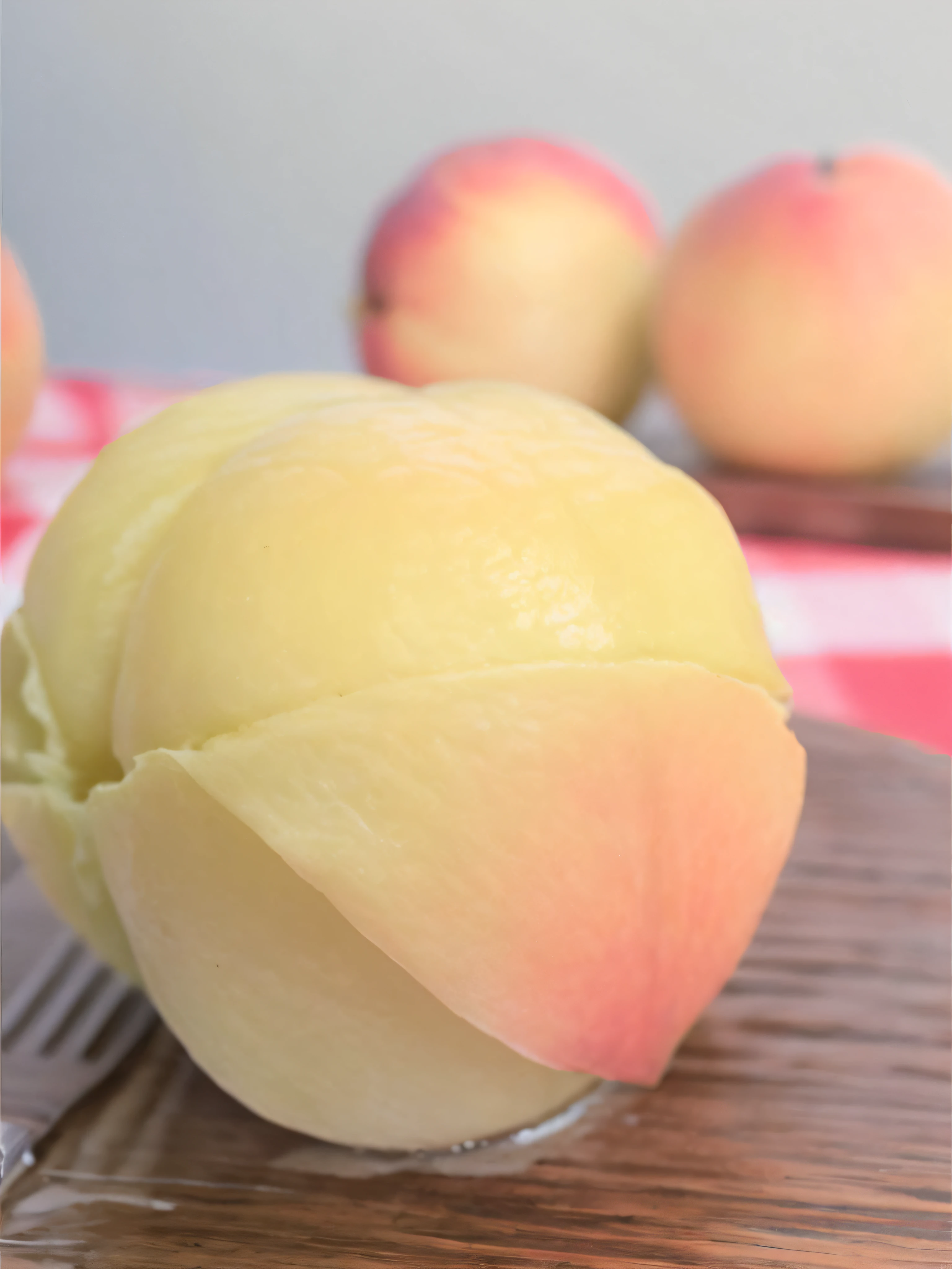The transition between the two watertight peaches above is more natural, and the cutting board stripes below are reasonable and natural