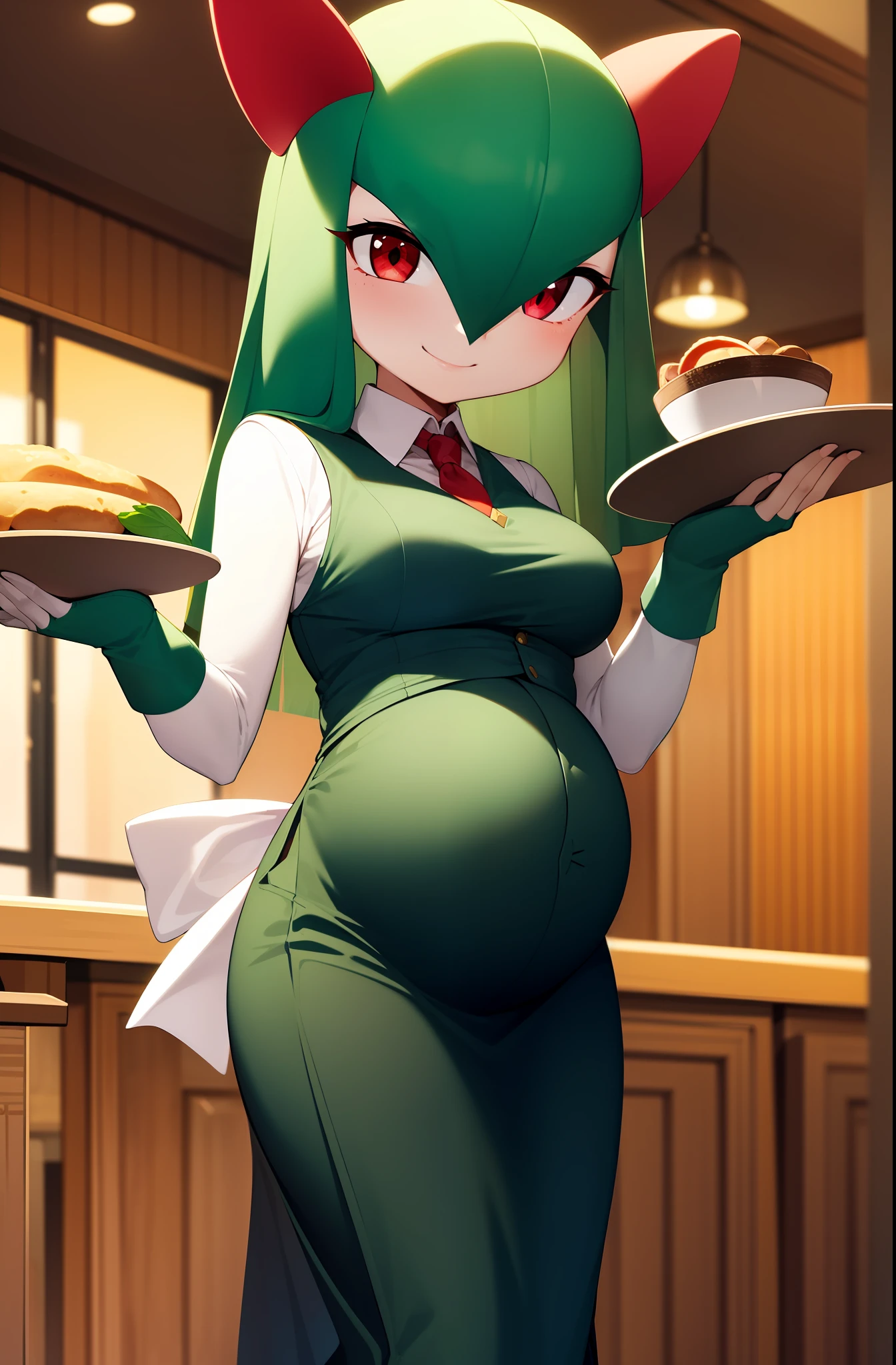 masterpiece, best quality, 1 girl, solo, kirlia, green hair, red eyes, female breasts, medium breasts, in a restaurant, smiling, maid uniform, black clothes, pregnant, wearing a tray under her arm, wearing a long skirt, pleated skirt.
