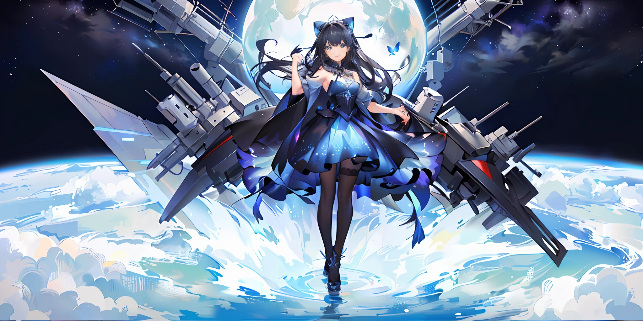 A woman with a sense of sisterhood but a little mature, long sea blue hair, long hair and waist, scattered, black hair, inner layer dyed sky blue, blue eyes, surrounded by five three-dimensional things of azure blue, interstellar commander, solemn and tightly wrapped aristocratic dress, shawl dark blue cape with starry sky drawing inside, dark blue oversized swing princess dress, dress with star embellishments, is a wistful smile, left eye with a display eyepiece, dark blue butterflies flying beside it, right ring finger with ring, sense of technology, background is bright starry sky