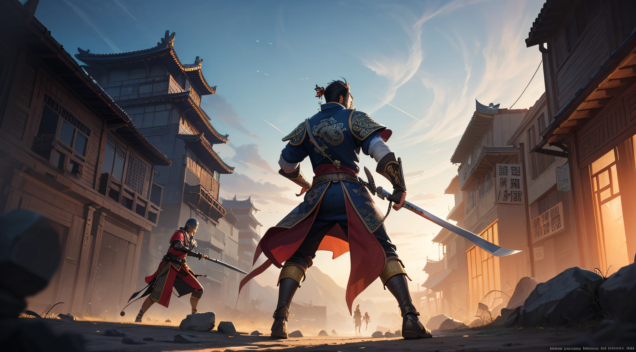 (((Ancient Chinese warriors fighting chaotically on the mountain)), evening, fighting, foreground with your back to the camera Ancient Chinese soldiers, ((Vista of ancient Chinese city gates)), character costumes flowing, long coats, satin, a row of city walls, an arch in the middle, the empty field under the city gate occupies one-third of the picture, Hongtu World, Three Kingdoms, National War, Guan Yu, Zhang Fei, Zhuge Liang, Gaze at the Enemy, Light Martial Arts Style, Flowing, Branches, Yang J's Concept Art, Artstation Competition Winner, Fantasy Art, Tuomas Korpi and WLOP, detailed game art illustration, medieval fantasy game art, honor character concept art, wojtek fus, medieval concept art, detailed game art, night battle raging behind him, dramatic concept art,