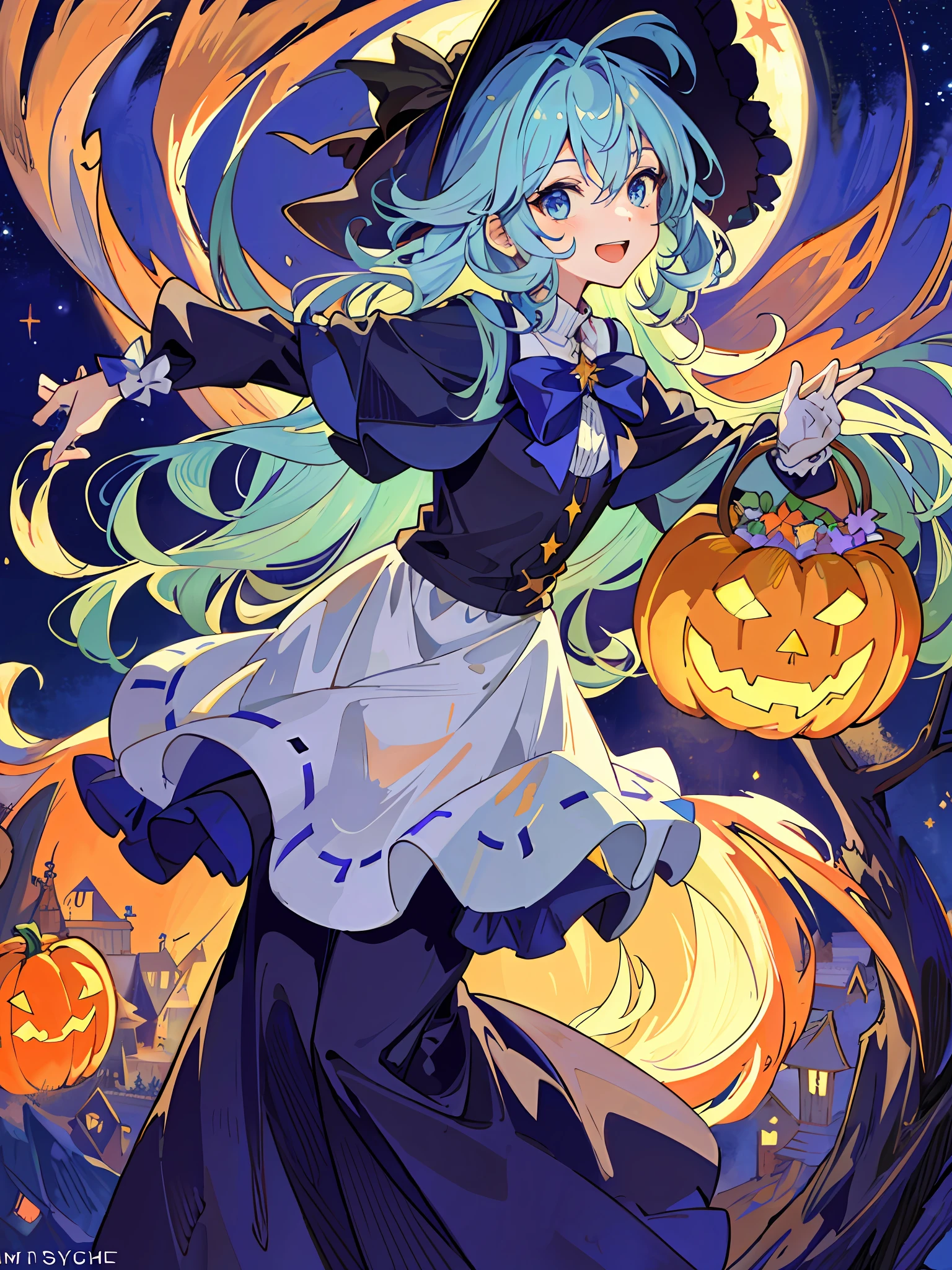 ((masterpiece:1.2, best quality)), 1girl, solo, (witch hat), a close up of a girl with curly hair, dress, aurora, night, star (sky), gloves, sky, dress, night sky, open mouth, starry sky, light blue eyes, ribbons, smile, cape, colorful hair, magic, casting spell, night, (impressionism:1.4), alphonse mucha, Halloween colors, colorful candy, magical lights, pumpkins, candies