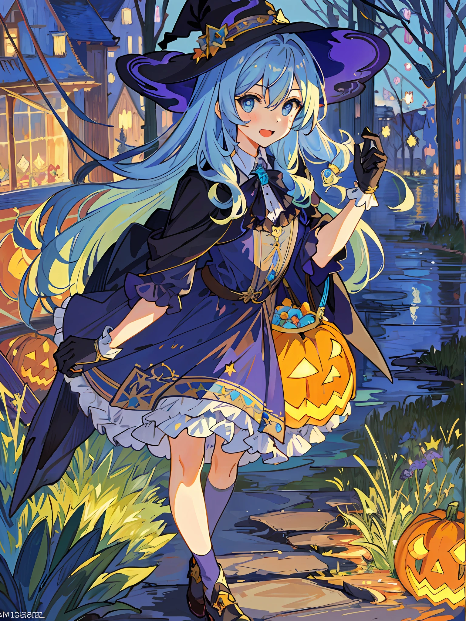 ((masterpiece:1.2, best quality)), 1girl, solo, (witch hat), a close up of a girl with curly hair, dress, aurora, night, star (sky), gloves, sky, dress, night sky, open mouth, starry sky, light blue eyes, ribbons, smile, cape, colorful hair, magic, casting spell, night, (impressionism:1.4), alphonse mucha, Halloween colors, colorful candy, magical lights, pumpkins, candies