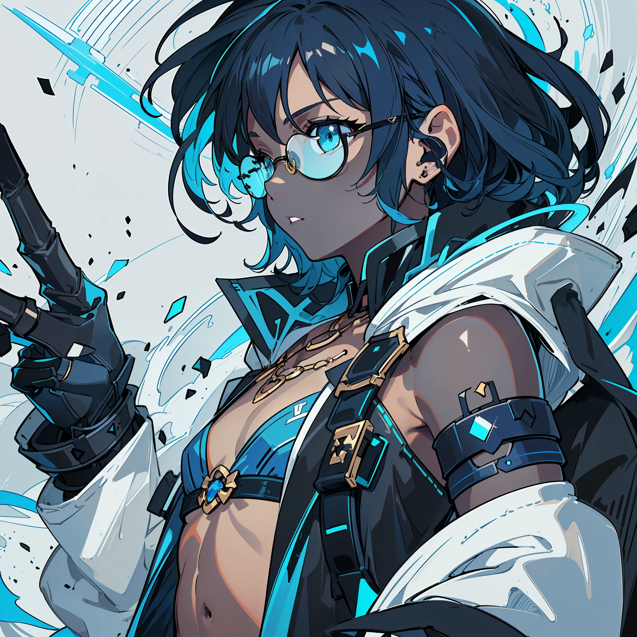 (((Profile Pic))), (((Flat Chest))) Female, (((Dark Skin)))), (((Dark Blue Hair)))), Light Blue Eyes, Round Glasses with Dark Lens, ((((Black Metallic Gauntlets)))), (((Clothes Have a Mix of Modern and Tribal))))), Clothes Are Mostly Black in Color, But with Blue Parts, Shoulders on Display