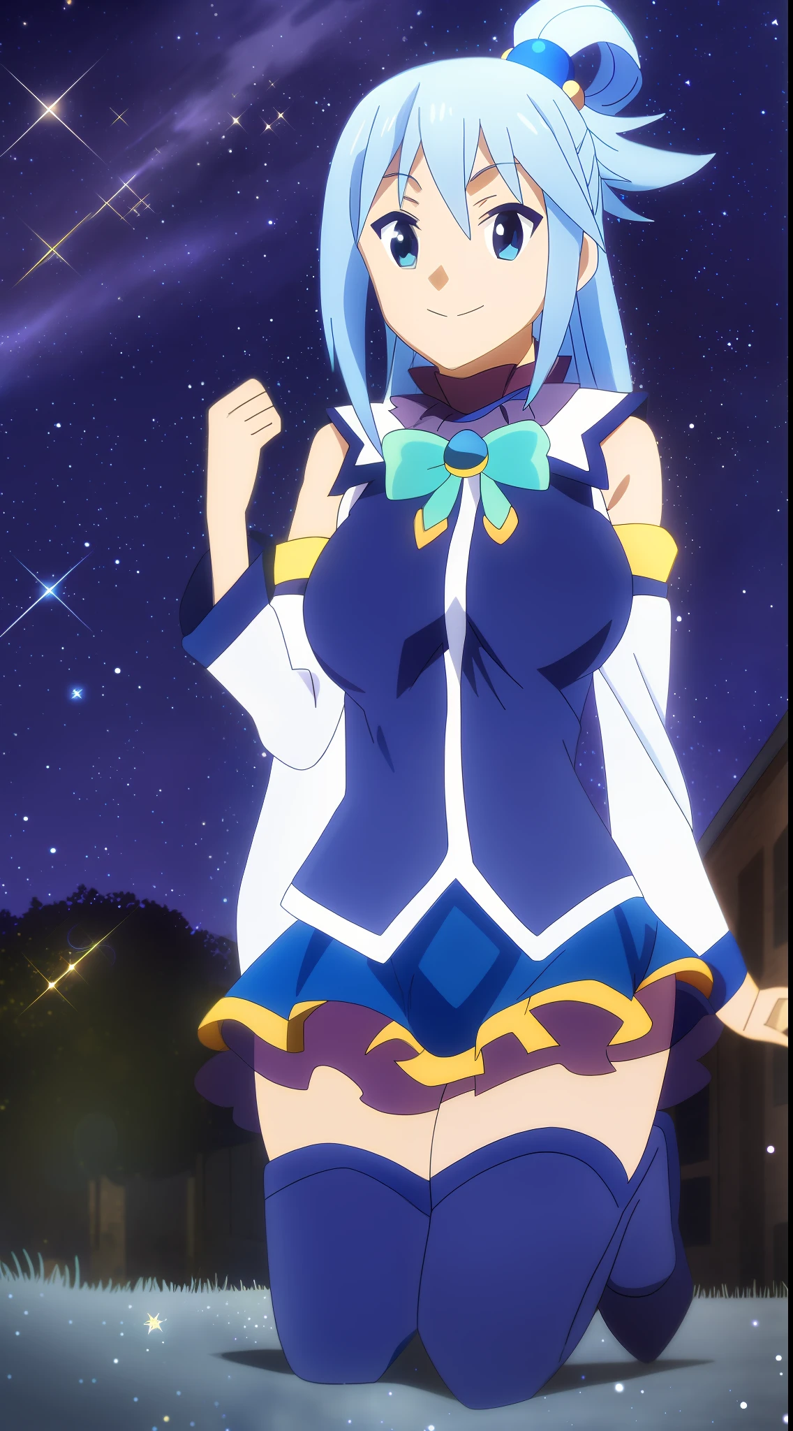 Axel; Aqua, smiling, on her knees; night; stars; sparkle;