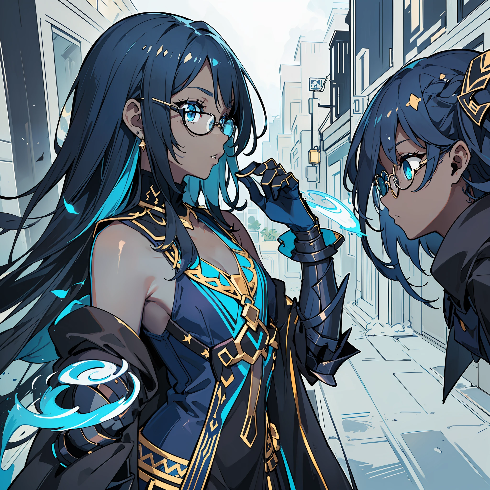 (((Profile Pic))), (((Flat Chest))) Female, (((Dark Skin)))), (((Dark Blue Hair)))), Light Blue Eyes, Round Glasses with Dark Lens, ((((Black Metallic Gauntlets)))), (((Clothes Have a Mix of Modern and Tribal))))), Clothes Are Mostly Black in Color, But with Blue Parts, Shoulders on Display