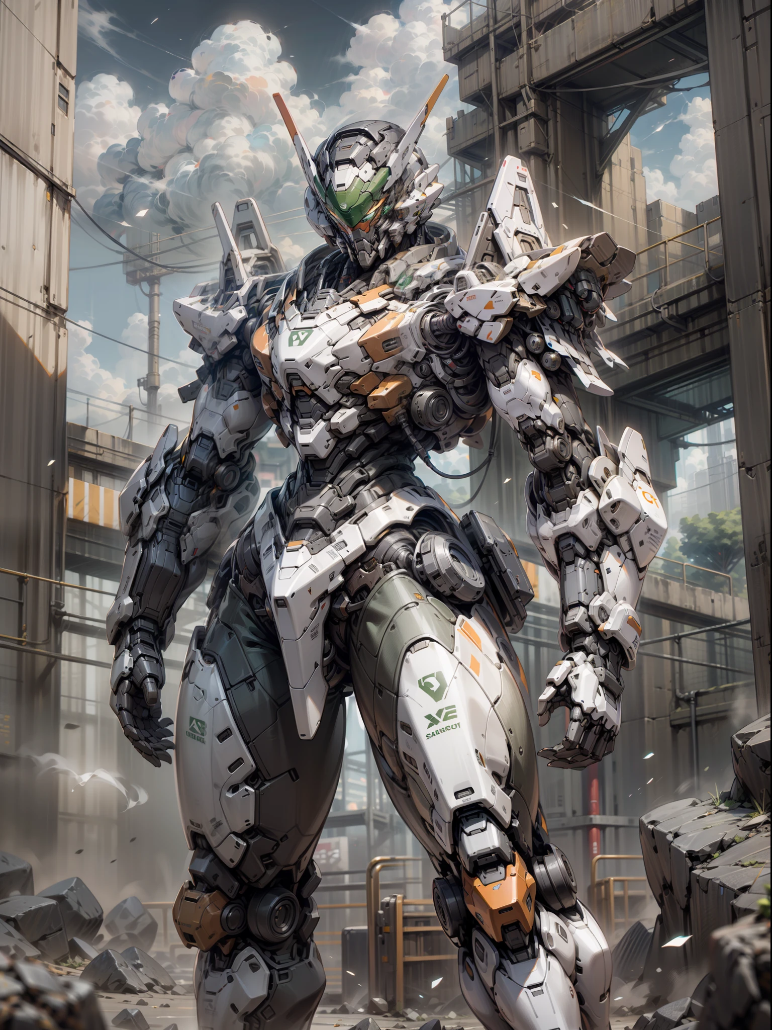 ((Best Quality)), ((Masterpiece)), (Very detailed: 1.3), 8K, cool painting, full of sci-fi, assassin mech with a long sword, streamlined green armor, complex weapons and equipment behind it, Gundam humanoid mech, anime mech aesthetics, perfect body proportions, heads-up view, standing posture, military giant mech, missiles, rocks, futuristic technology, realism, dark clouds in the sky, dark war background, ray tracing, light particles, nvidia Trtx, super resolution, Unreal 5, Subsurface Scattering, Specular and Albedo Maps, Rule of Thirds, Large Aperture, Battle Stance, 8K Raw Data, High Efficiency Subpixels, Subpixel Convolution, Light Particles, Light Scattering, Tyndall Effect, Ray Tracing.