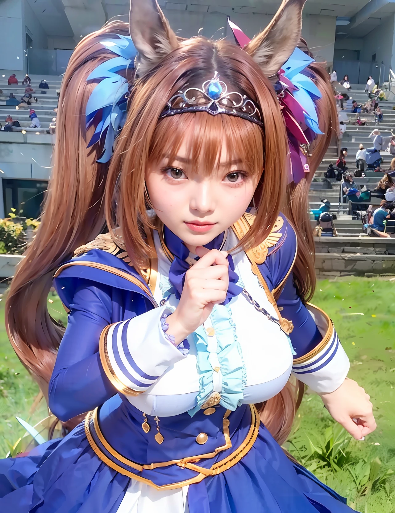 (8k, RAW Photo, Best Quality, Masterpiece: 1.2), (Realistic, Photorealistic: 1.37), Sharp: 1.2, Perfect Body: 1.4, Slim Abs: 1.2, ((Layered Hairstyles, Big: 1.2)), Wet: 1.5, Fine Face and Skin Texture, Fine Eyes, Live Action Animation, Ultra-Detailed, Top Quality, Ultra-High Resolution, Professional Lighting, Photon Mapping, Radiosity, Physically Based Rendering, Cinematic Lighting, Depth of Field, Focus, Sunlight Good composition, (blur: 1. 2 ), one girl, (full body), (closed mouth), beautiful eyes, pose, narrow, (as beautiful as a Japanese actress), perfect ???????, (Uma Musume), horse ears on head, brown hair, twin tails, red eyes, silver tiara and blue jewel, running woman