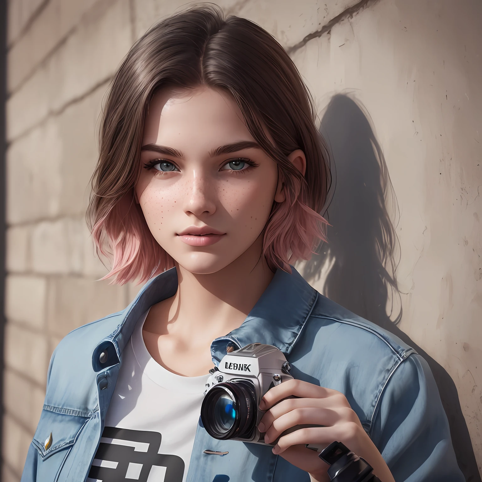 (Photograph of an 18-year-old woman),(white skin),(dark brown short hair),(blue eyes),(well-detailed face),(freckles spread across the face discreetly),(shadows around the eyes discreetly),(eyeliner on the face discreetly),(full body image),(detailed pink T-shirt),(detailed gray color coat),(blue jeans),(holding a camera), Max Caufield,(8K), realistic photo