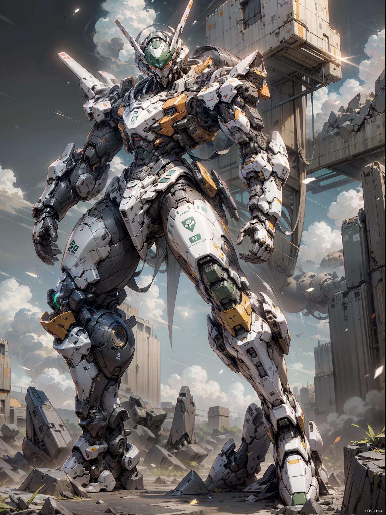 ((Best Quality)), ((Masterpiece)), (Very detailed: 1.3), 8K, cool painting, full of sci-fi, assassin mech with a long sword, streamlined green armor, complex weapons and equipment behind it, Gundam humanoid mech, anime mech aesthetics, perfect body proportions, heads-up view, standing posture, military giant mech, missiles, rocks, futuristic technology, realism, dark clouds in the sky, dark war background, ray tracing, light particles, nvidia Trtx, super resolution, Unreal 5, Subsurface Scattering, Specular and Albedo Maps, Rule of Thirds, Large Aperture, Battle Stance, 8K Raw Data, High Efficiency Subpixels, Subpixel Convolution, Light Particles, Light Scattering, Tyndall Effect, Ray Tracing.