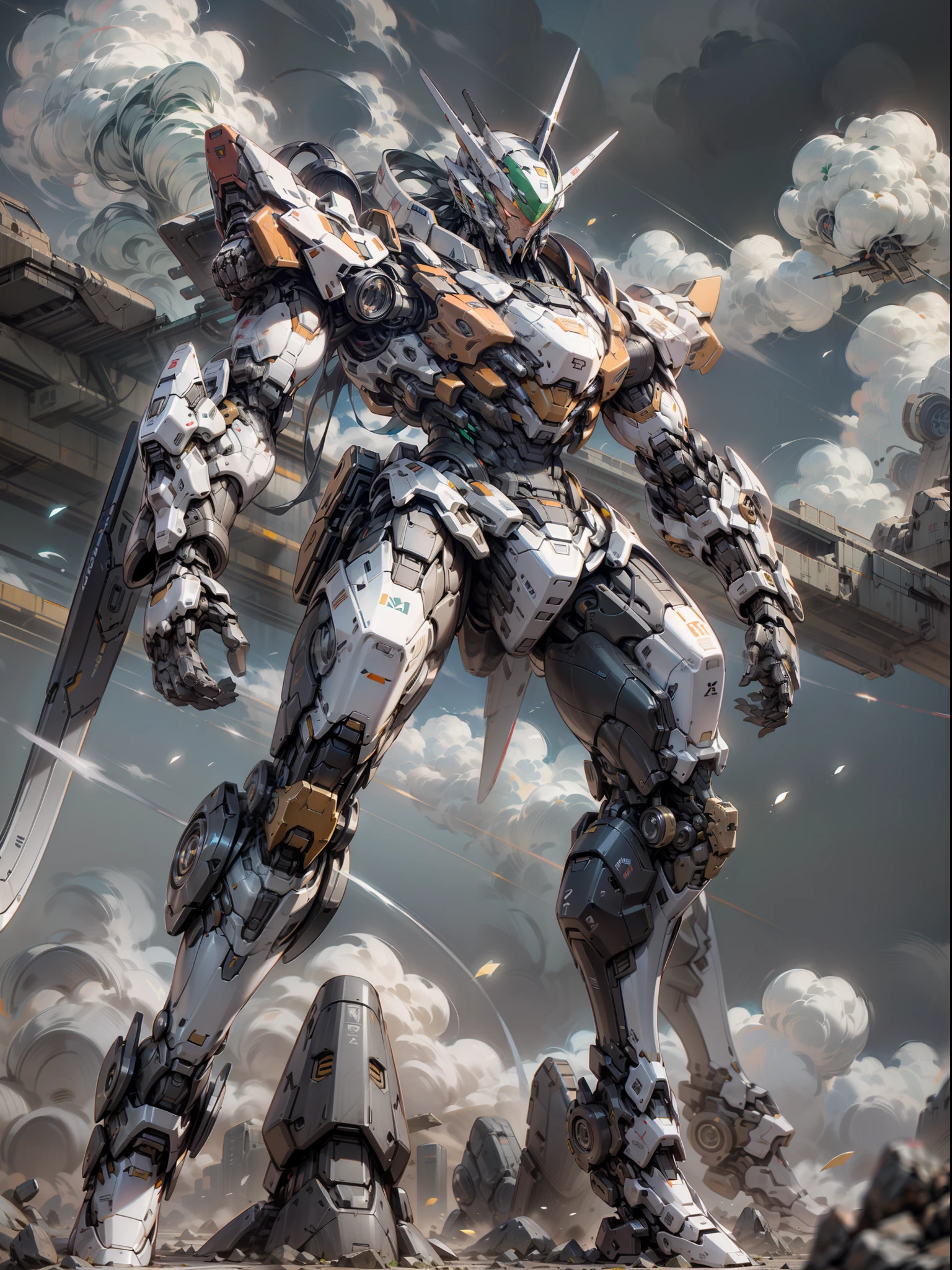 ((Best Quality)), ((Masterpiece)), (Very detailed: 1.3), 8K, cool painting, full of sci-fi, assassin mech with a long sword, streamlined green armor, complex weapons and equipment behind it, Gundam humanoid mech, anime mech aesthetics, perfect body proportions, heads-up view, standing posture, military giant mech, missiles, rocks, futuristic technology, realism, dark clouds in the sky, dark war background, ray tracing, light particles, nvidia Trtx, super resolution, Unreal 5, Subsurface Scattering, Specular and Albedo Maps, Rule of Thirds, Large Aperture, Battle Stance, 8K Raw Data, High Efficiency Subpixels, Subpixel Convolution, Light Particles, Light Scattering, Tyndall Effect, Ray Tracing.