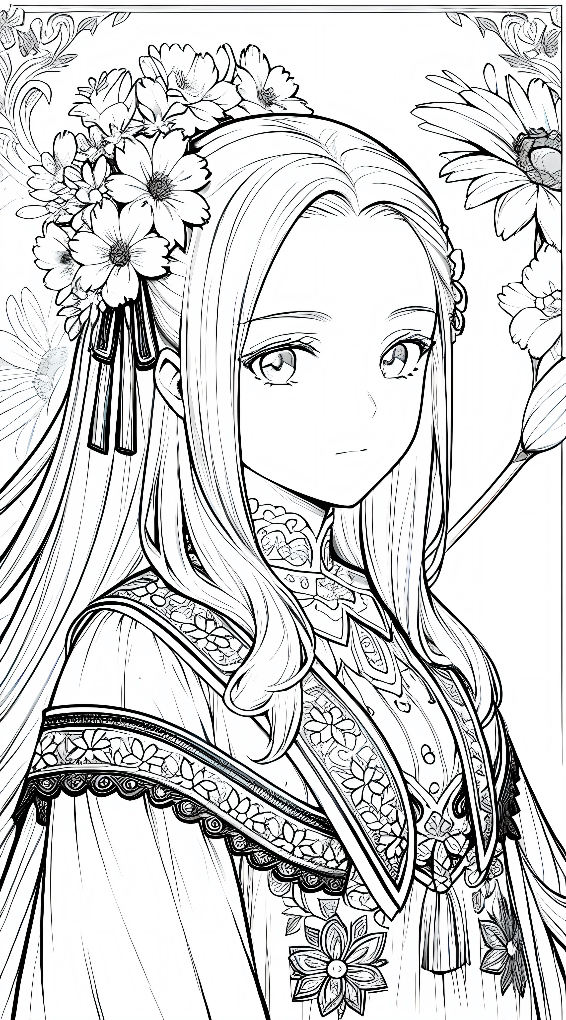 Masterpiece, best quality, (detailed background), high contrast, 1 girl, close-up of the head, flower background, clean line drawings,