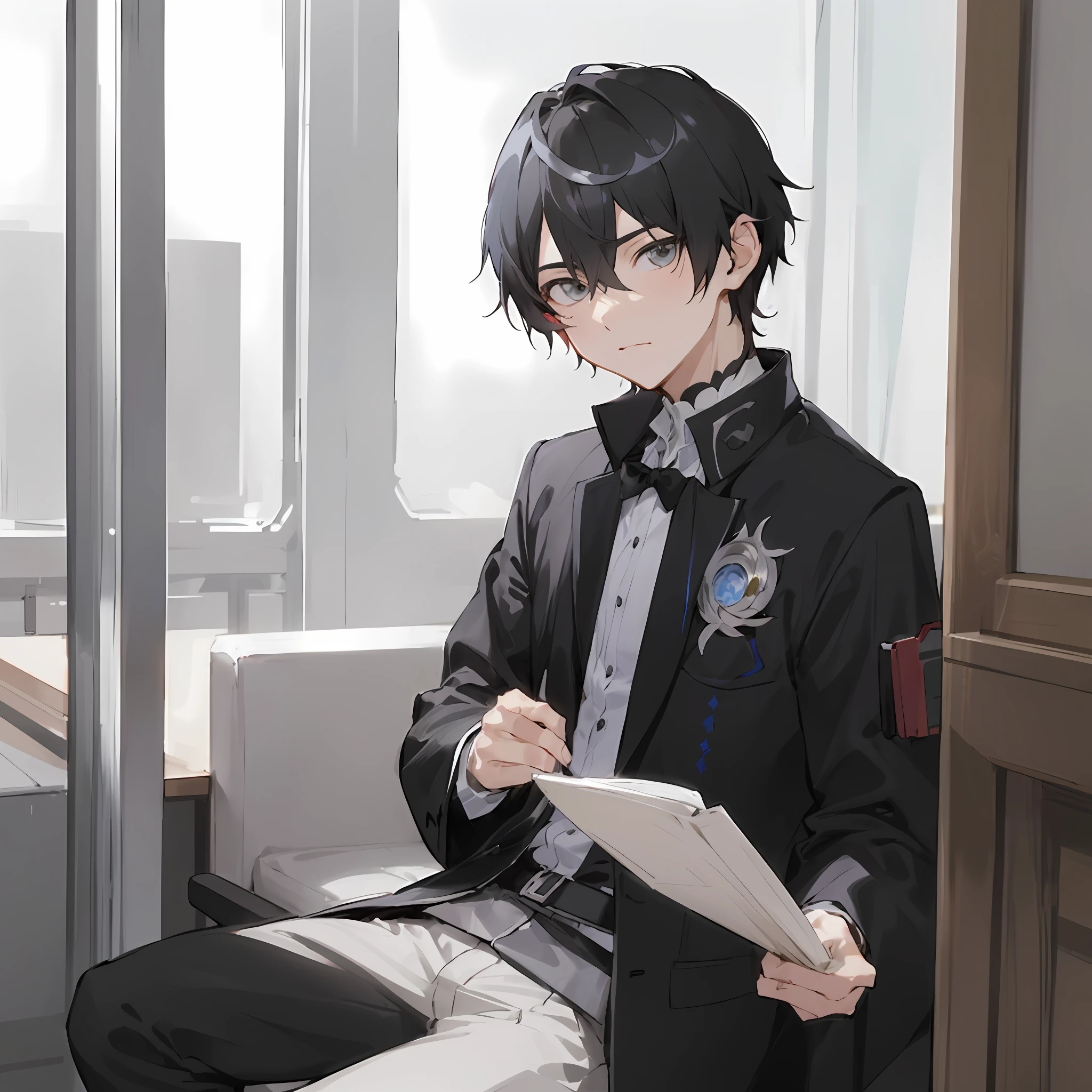anime - style image of a man in a suit sitting on a chair reading a book, inspired by Okumura Masanobu, shigenori soejima illustration, inspired by Okumura Togyu, wearing a black noble suit, zerochan art, anime moe artstyle, young anime man, highly detailed exquisite fanart, anime handsome man, handsome anime pose