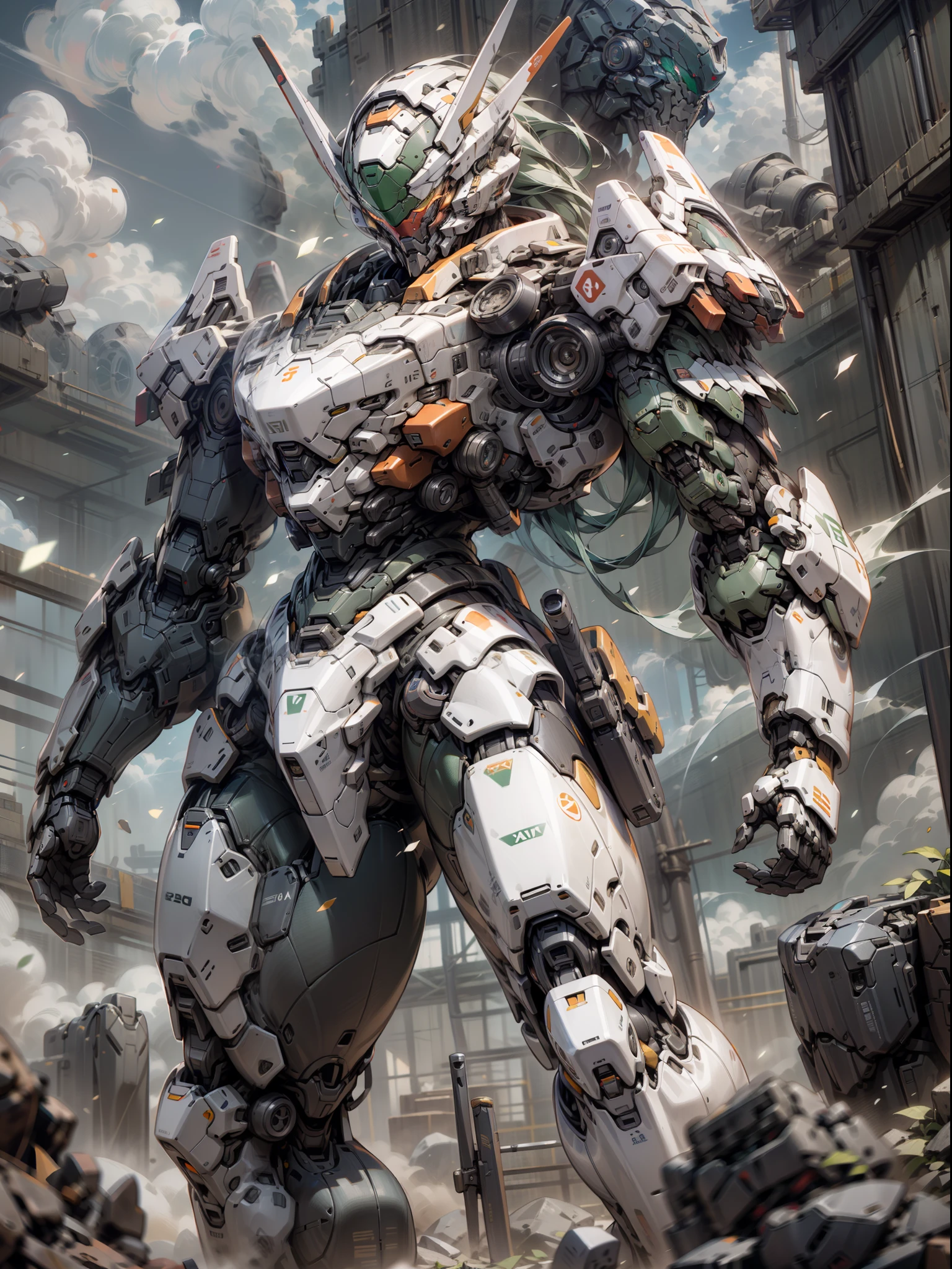 ((Best Quality)), ((Masterpiece)), (Very detailed: 1.3), 8K, cool painting, full of sci-fi, assassin mech with a long sword, streamlined green armor, complex weapons and equipment behind it, Gundam humanoid mech, anime mech aesthetics, perfect body proportions, heads-up view, standing posture, military giant mech, missiles, rocks, futuristic technology, realism, dark clouds in the sky, dark war background, ray tracing, light particles, nvidia Trtx, super resolution, Unreal 5, Subsurface Scattering, Specular and Albedo Maps, Rule of Thirds, Large Aperture, Battle Stance, 8K Raw Data, High Efficiency Subpixels, Subpixel Convolution, Light Particles, Light Scattering, Tyndall Effect, Ray Tracing.