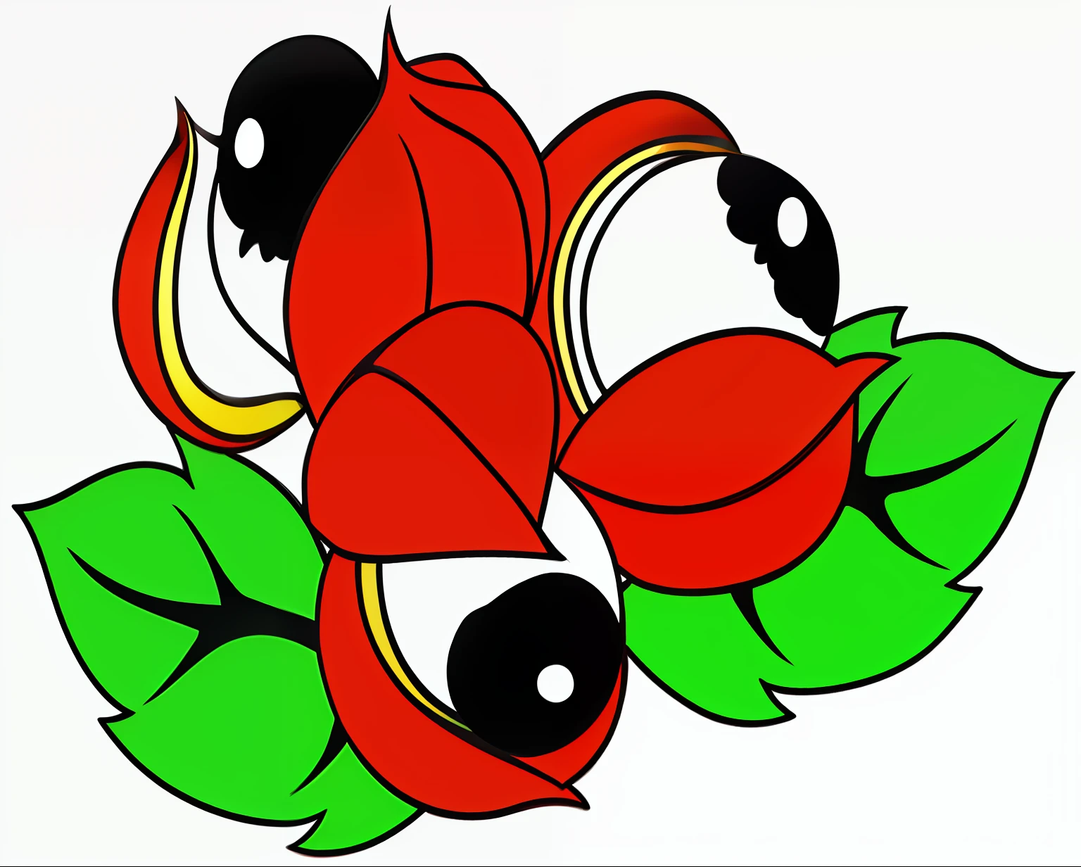 cartoon red rose with green leaves and eyes, inspired by Taro Okamoto, fruit eyes, eyeballs, large red eyes, eyes are glowing red lightbulbs, one eye red, few eyeballs, tsurime eyes, red-eyes, eye stalks, cartoon eyes, multiple eyes, black and white and red colors, eyeballs bulging, bloodshot eyeballs