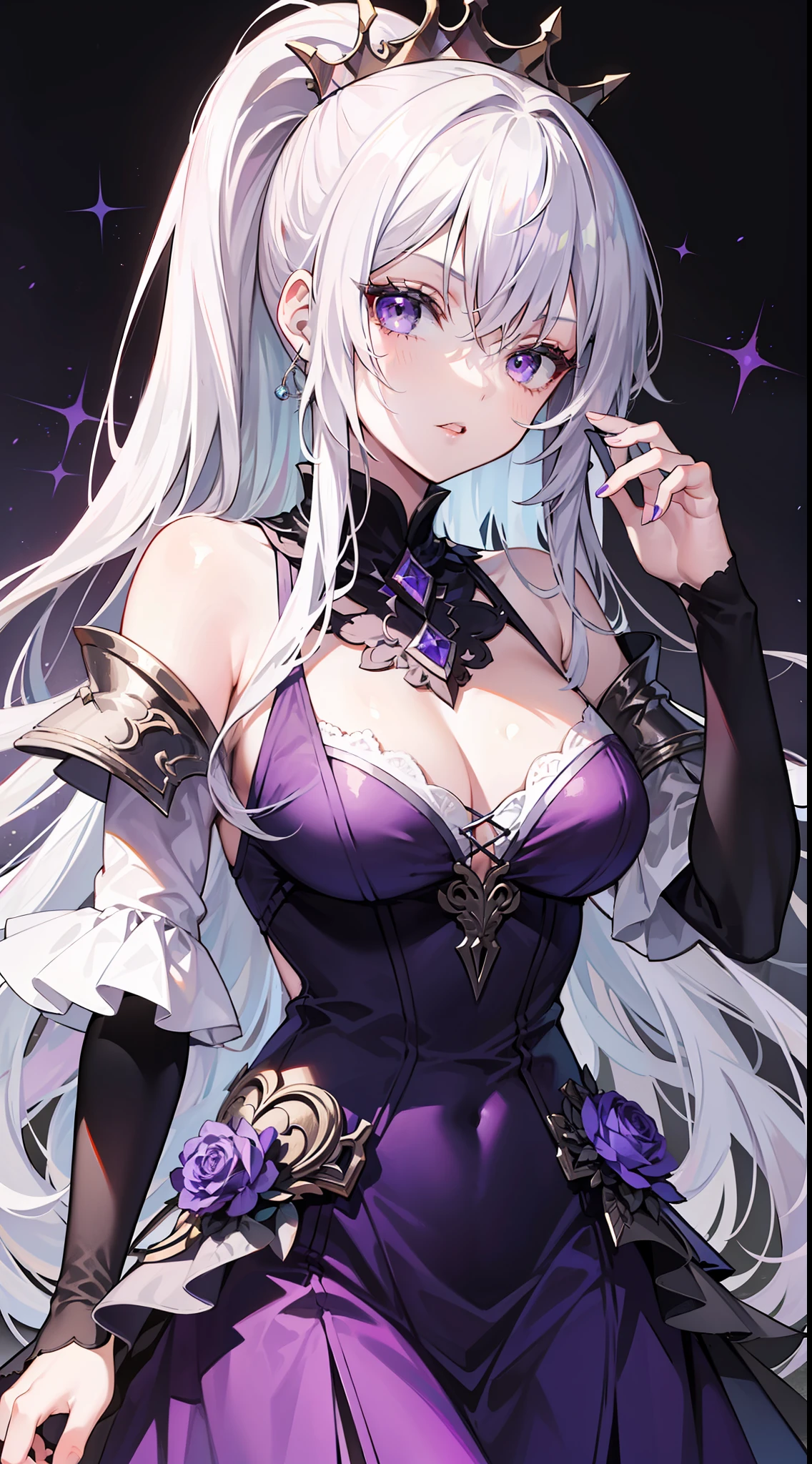 Young girl, long white hair, high ponytail, purple eyes, purple princess dress, evil look, masterpiece, high quality