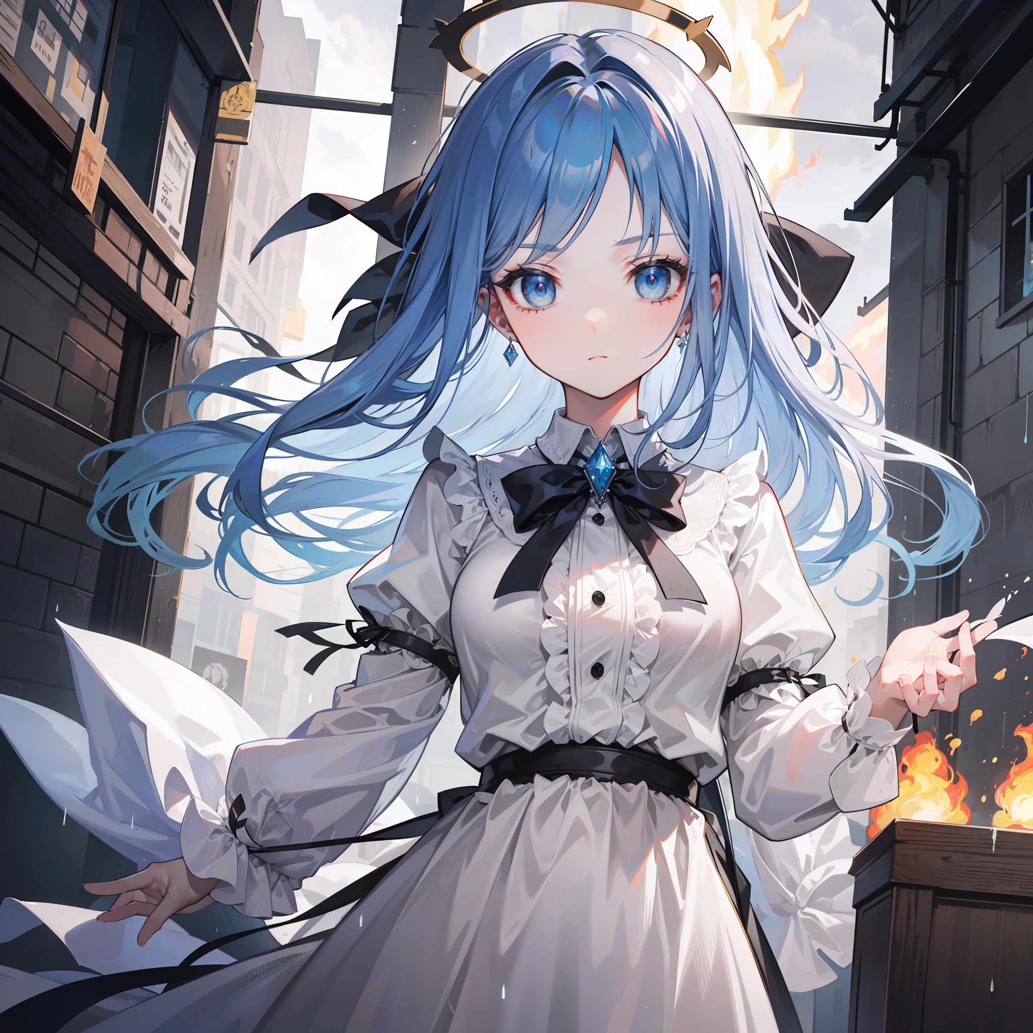 masterpiece, exquisite, illustration, {beautiful and meticulous girl}, beautiful and detailed halo, (fire of war: 1.2), (nuclear explosion behind: 1.3), rain, detailed lighting, detail water, (beautiful and detailed eyes: 1.1), expressionless, palace, sky blue hair, scattered hair, long bangs, eyebrows, (white-gray dress: 1.1), black ribbon, white bow tie, upper abdomen, big forehead, dull, flower, long sleeves