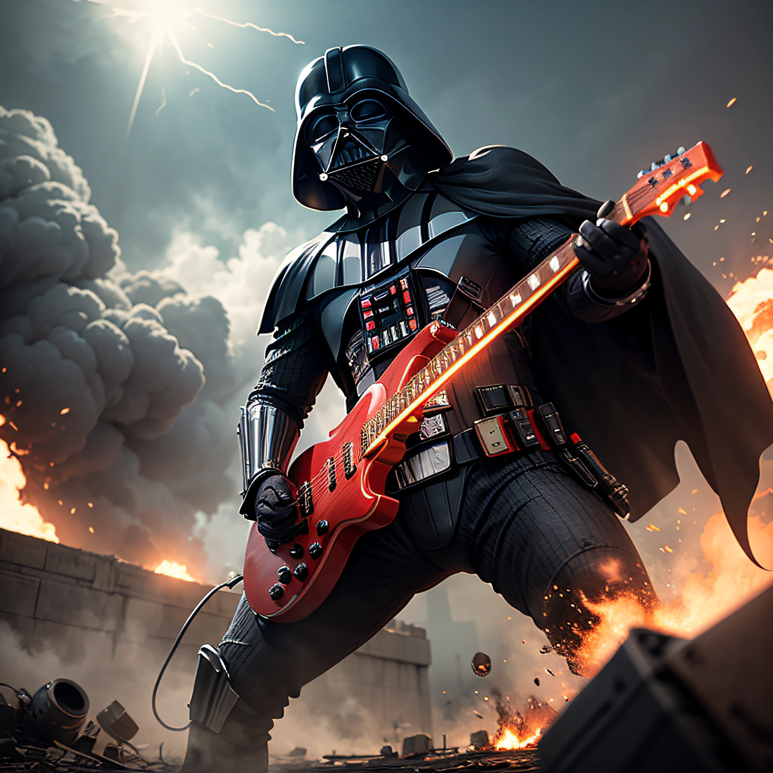 Darth Vader using a guitar and explosions in the background --auto