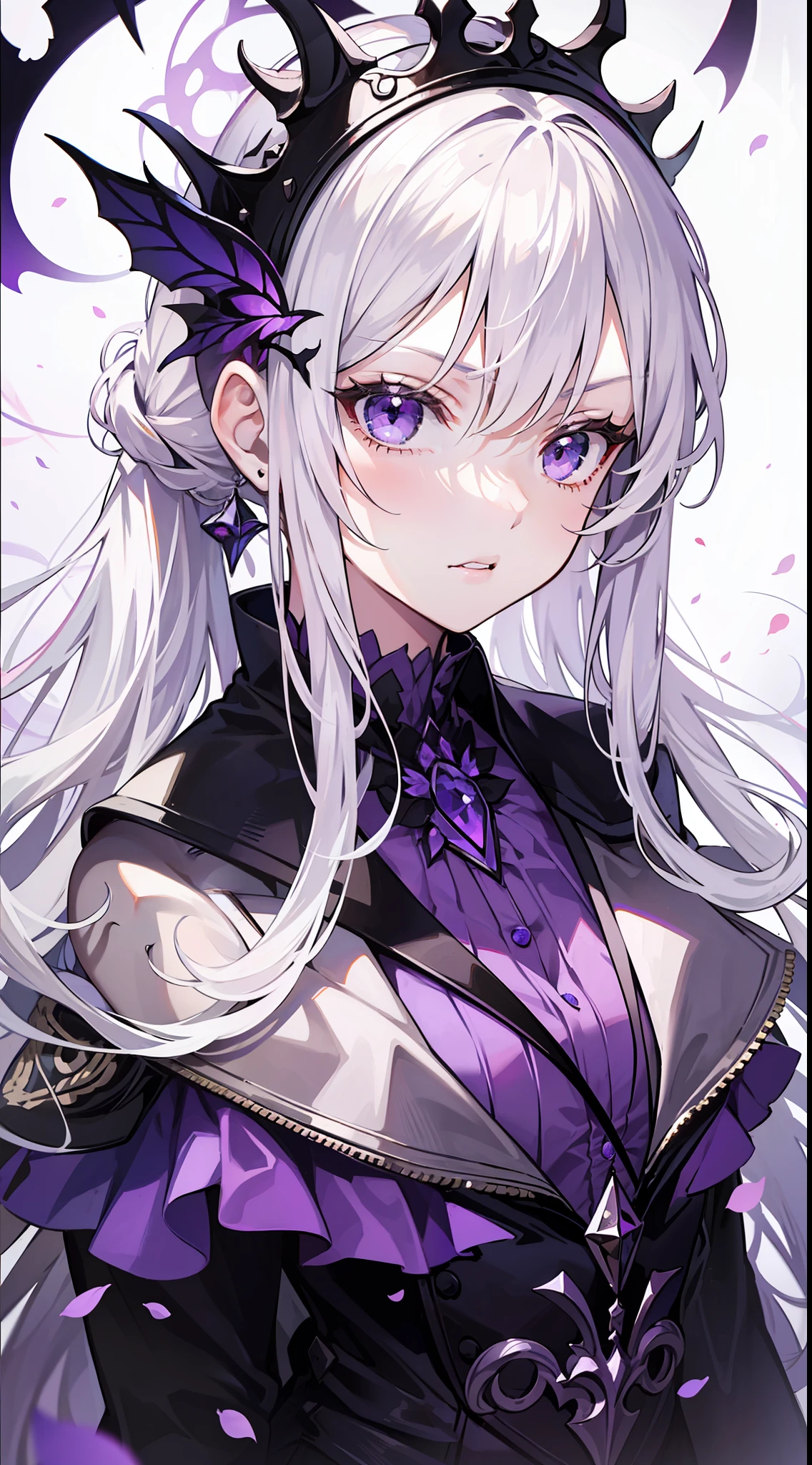 Young girl, long white hair, high ponytail, purple eyes, purple princess dress, evil look, masterpiece, high quality
