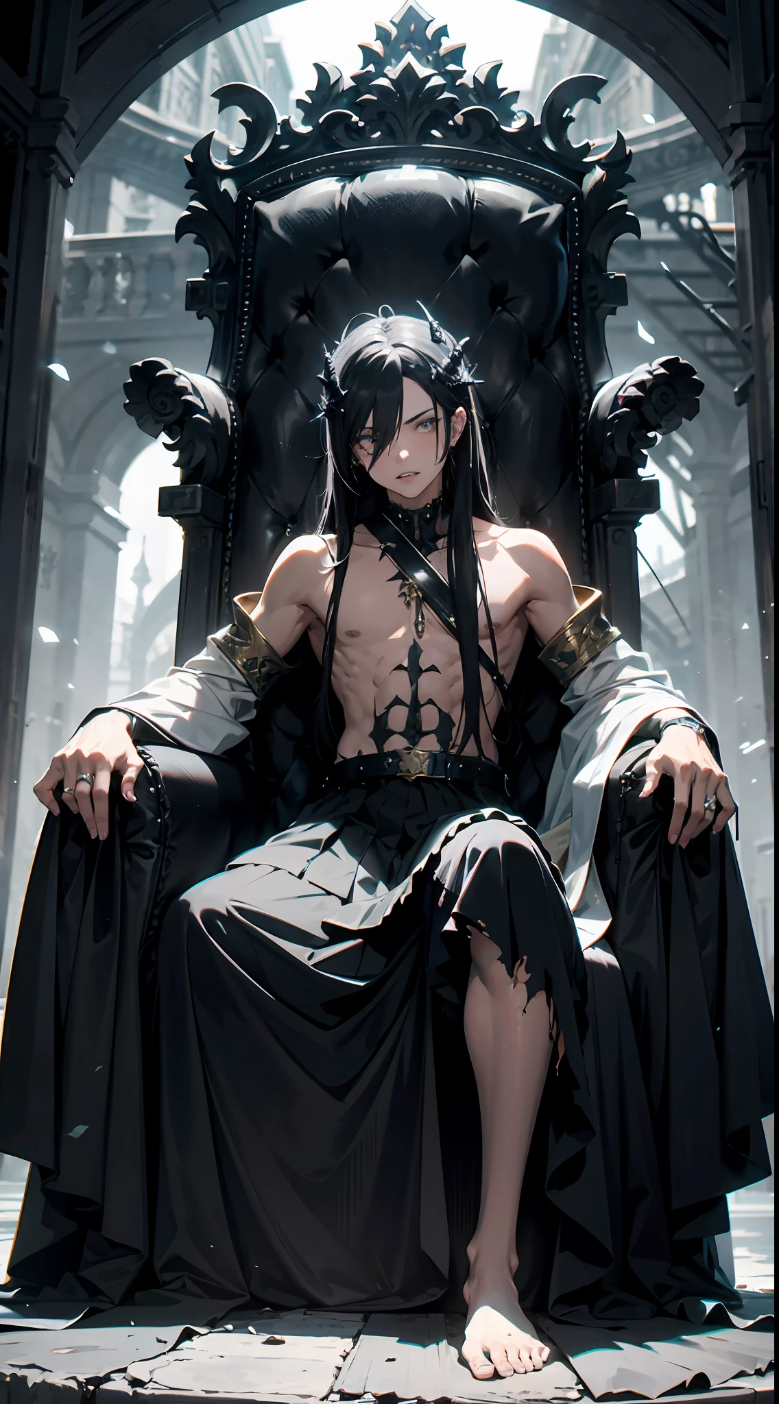 (absurdres, highres, ultra detailed), 1 male, adult, torn cheek showinfteeth, dead eyes, tall thin guy, finely detailed eyes and detailed face, black hair, long hair style, no shirt, long tattered and torn skirt, fantasy, magnificent background, throne, magic effect, ferrofluid, ominous atmosphere